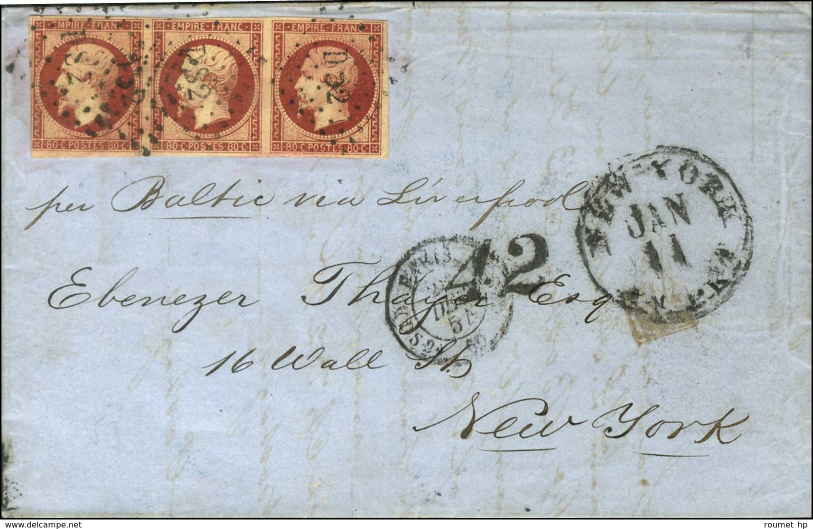 Losange DS2 / N° 17 Bande De 3, 1 Ex. Filet Effleuré Càd DS2 PARIS DS2 (60) Sur Lettre Pour New York, Au Recto Taxe 42 E - 1853-1860 Napoléon III