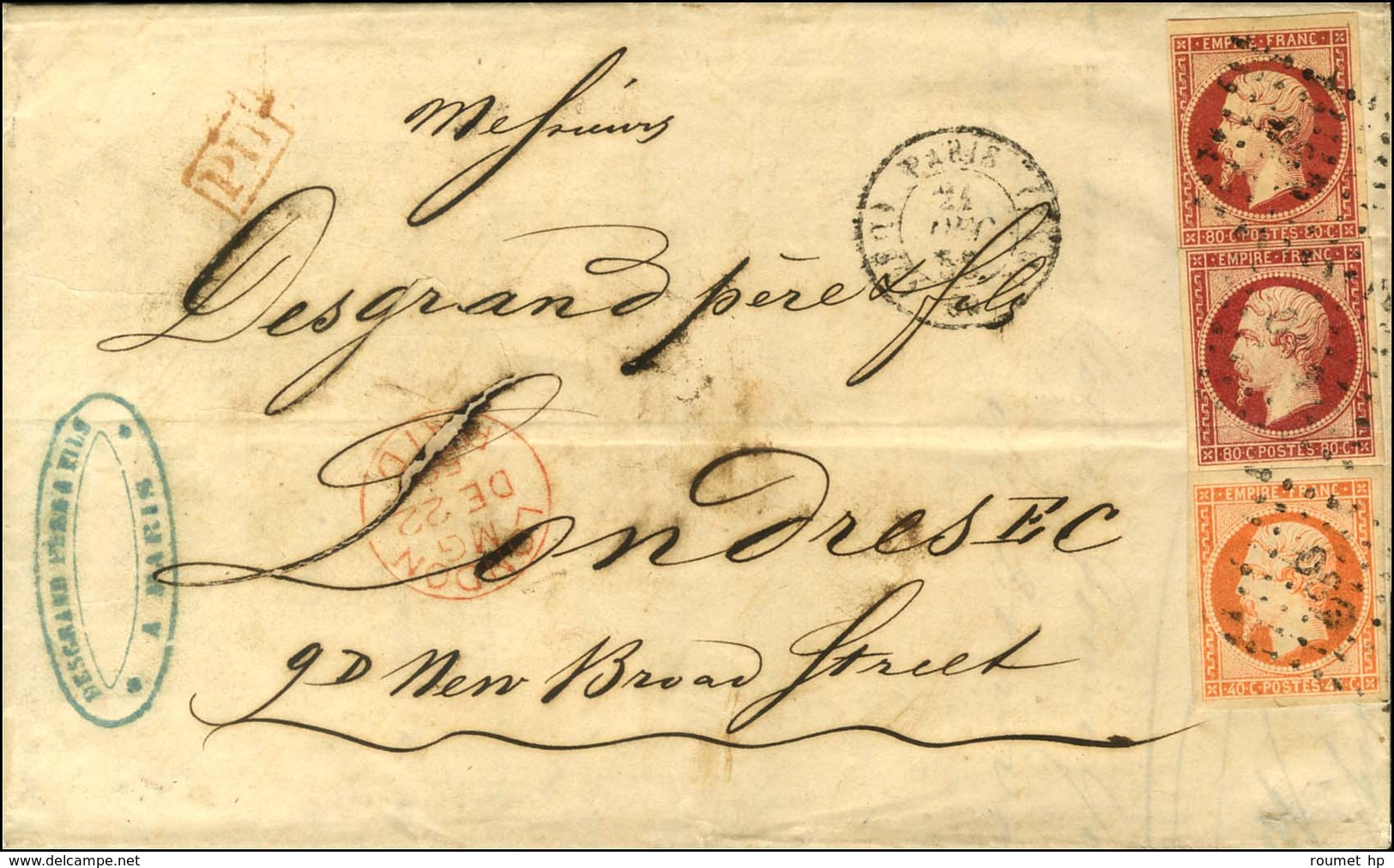 Losange DS3 / N° 16 + 17 Paire Càd DS3 PARIS DS3 (60) Sur Lettre 5 Ports Pour Londres. 1855. - TB / SUP. - R. - 1853-1860 Napoléon III