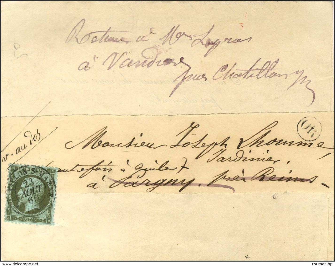 Càd T 15 CHATILLON-S-MARNE (49) / N° 19 Sur Imprimé Complet Sous Bande Pour Reims. 1865. - SUP. - 1862 Napoleone III