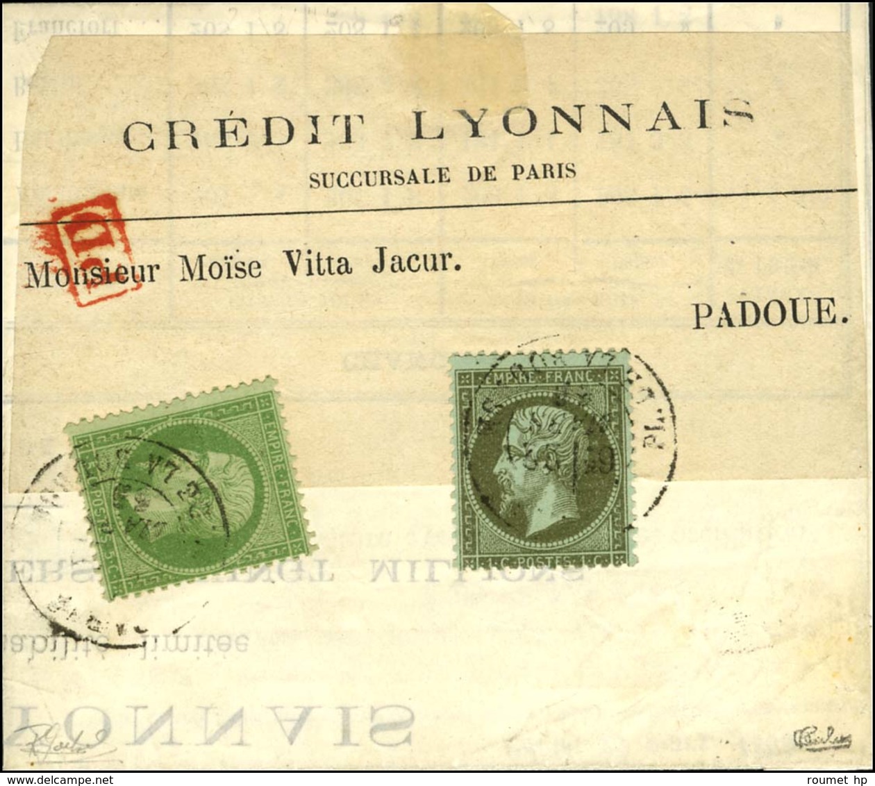 Càd PARIS / PL. DE LA BOURSE / N° 19 + 20 Sur Imprimé Sous Bande Pour Padoue. 1869. - TB. - R. - 1862 Napoléon III