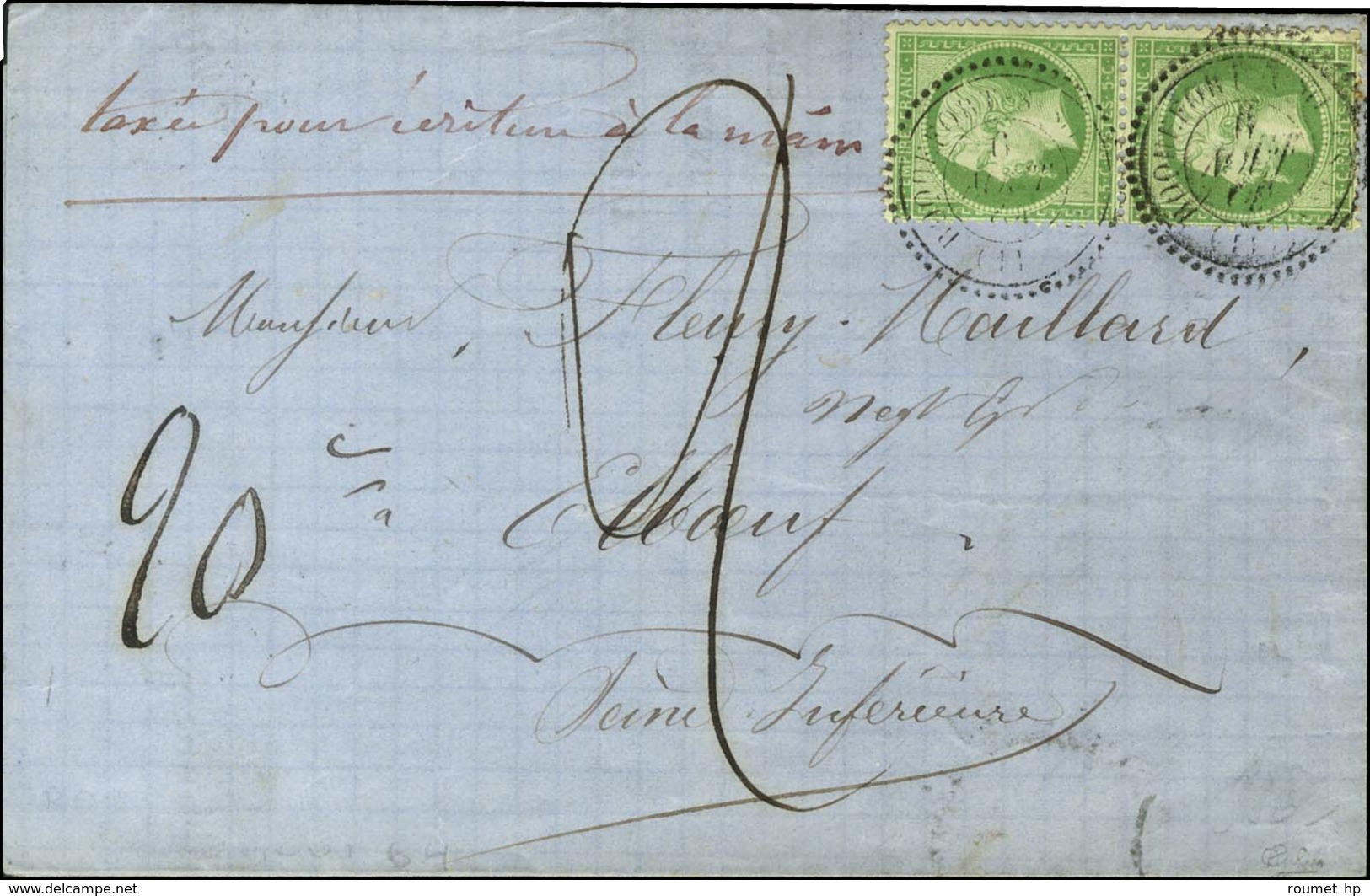 Càd T 22 ROQUEFORT-S-SOULZON (11) / N° 20 Paire Sur Lettre Insuffisamment Affranchie Pour Elbeuf Taxée 20 C. 1864. - TB  - 1862 Napoléon III