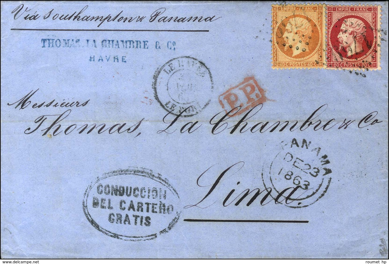 GC 1769 / N° 23 + 24 Belle Nuance Carmin Foncé Càd LE HAVRE / LE PORT Sur Lettre Pour Lima. 1863. - TB / SUP. - 1862 Napoléon III