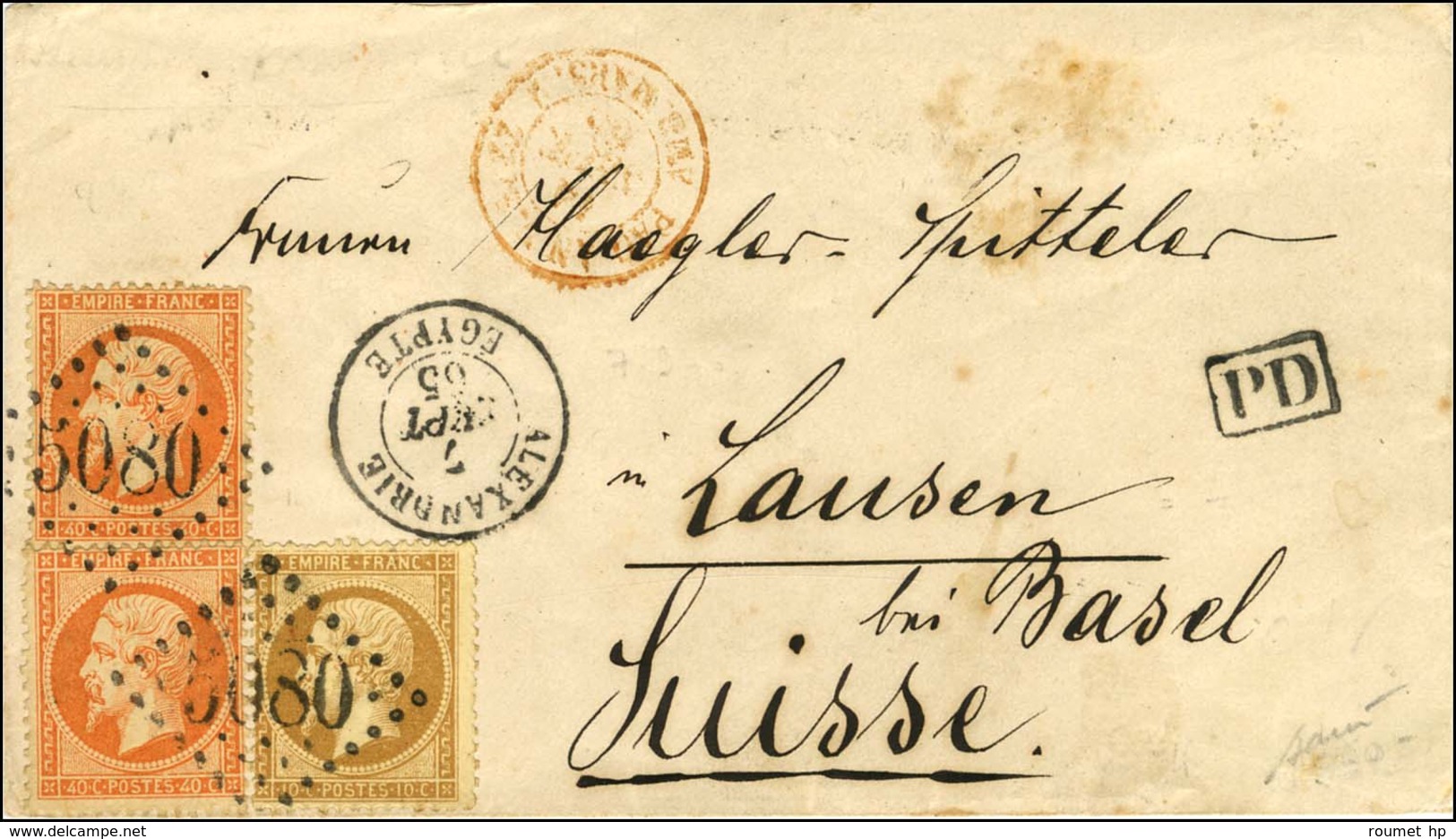 GC 5080 / N° 21 + 23 (2) Càd ALEXANDRIE / EGYPTE Sur Lettre Pour La Suisse. 1865. - TB / SUP. - 1862 Napoléon III