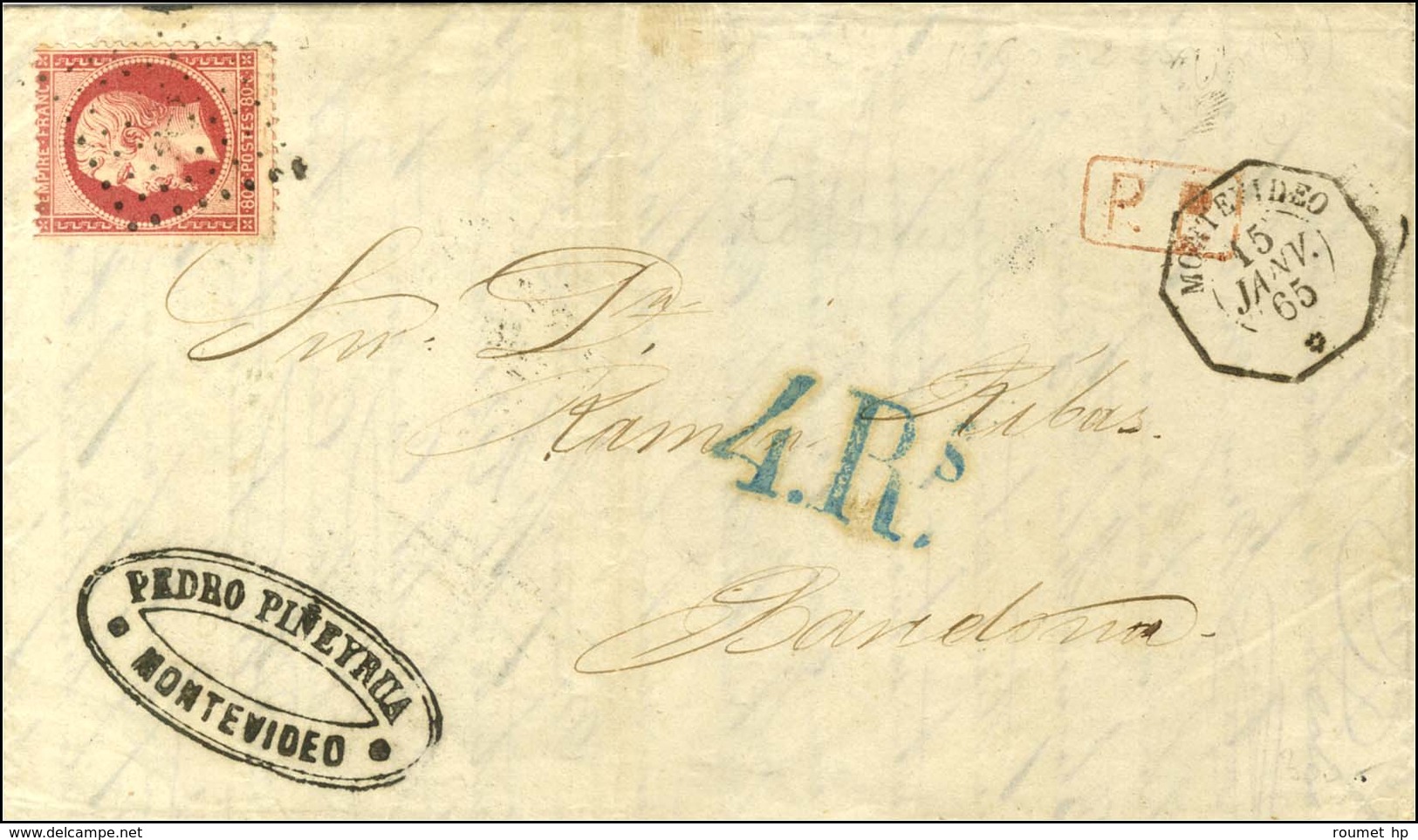 Ancre / N° 24 Càd Octo MONTEVIDEO / * 15 JANV. 65 + P.P. Local Rouge Sur Lettre Avec Texte Pour Barcelone, Au Recto Taxe - 1862 Napoléon III