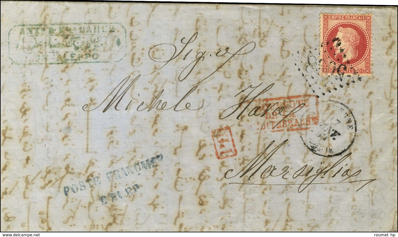 GC 5098 / N° 32 Càd SMYRNE / TURQUIE 17 JANV. 69 Sur Lettre D'Alep Pour Marseille. Au Recto, Griffe Bleue POSTE FRANCAIS - 1863-1870 Napoléon III Lauré