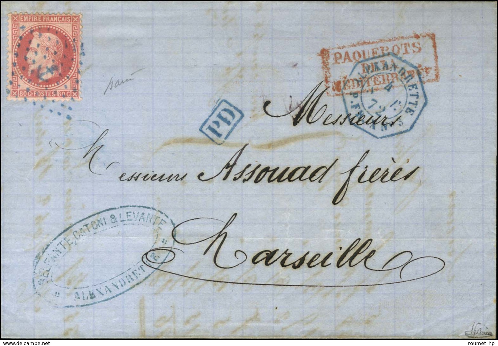 Ancre Bleue / N° 32 Càd Octo Bleu ALEXANDRETTE / P.FR.X N° 3 Sur Lettre D'Alexandrette Pour Marseille. 1873. - SUP. - R. - 1863-1870 Napoléon III Lauré