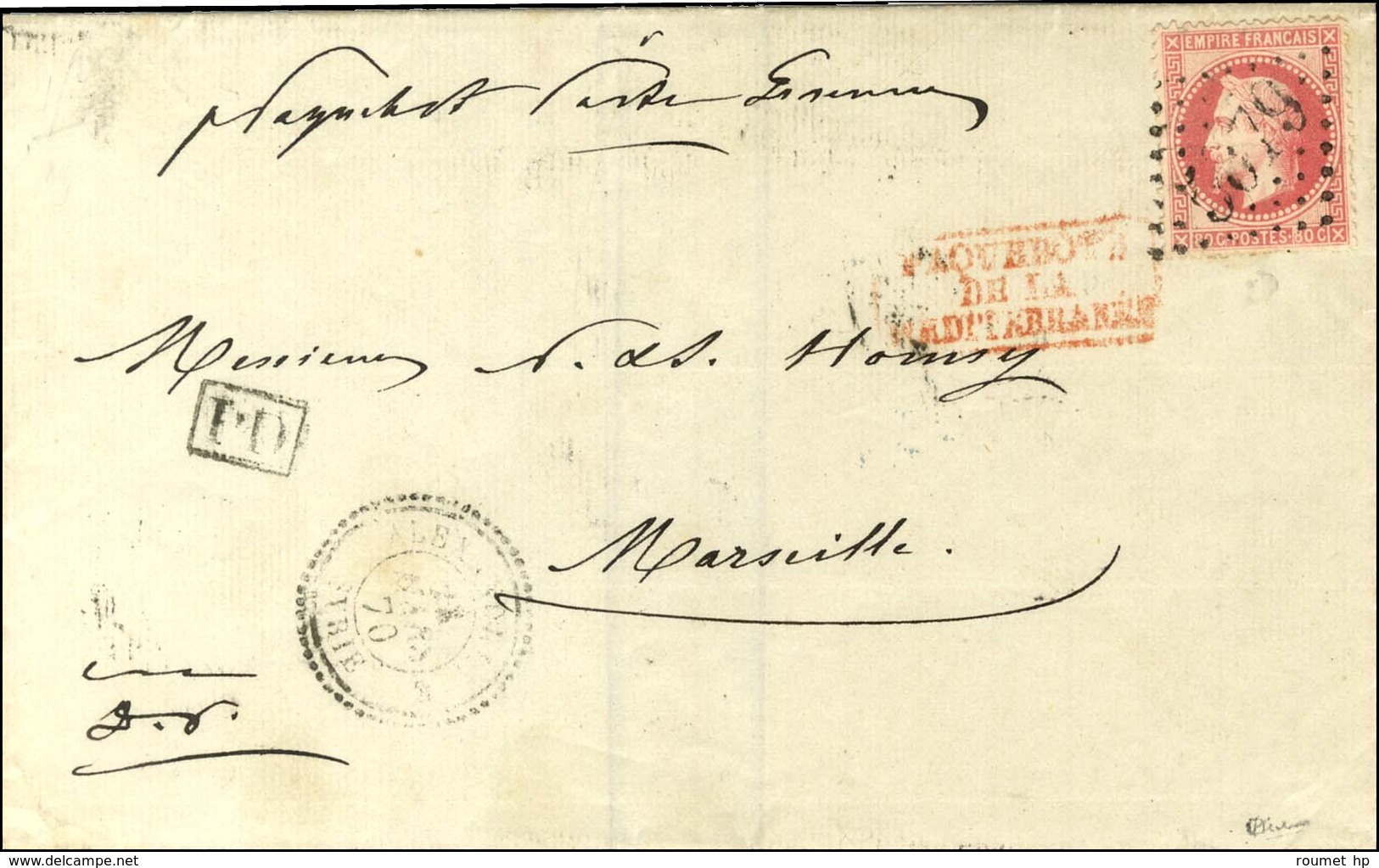 GC 5079 / N° 32 Càd T 22 ALEXANDRETTE / SYRIE Sur Lettre D'Alep Pour Marseille, Au Verso 4 Timbres Turcs Oblitérés D'Ale - 1863-1870 Napoléon III Lauré