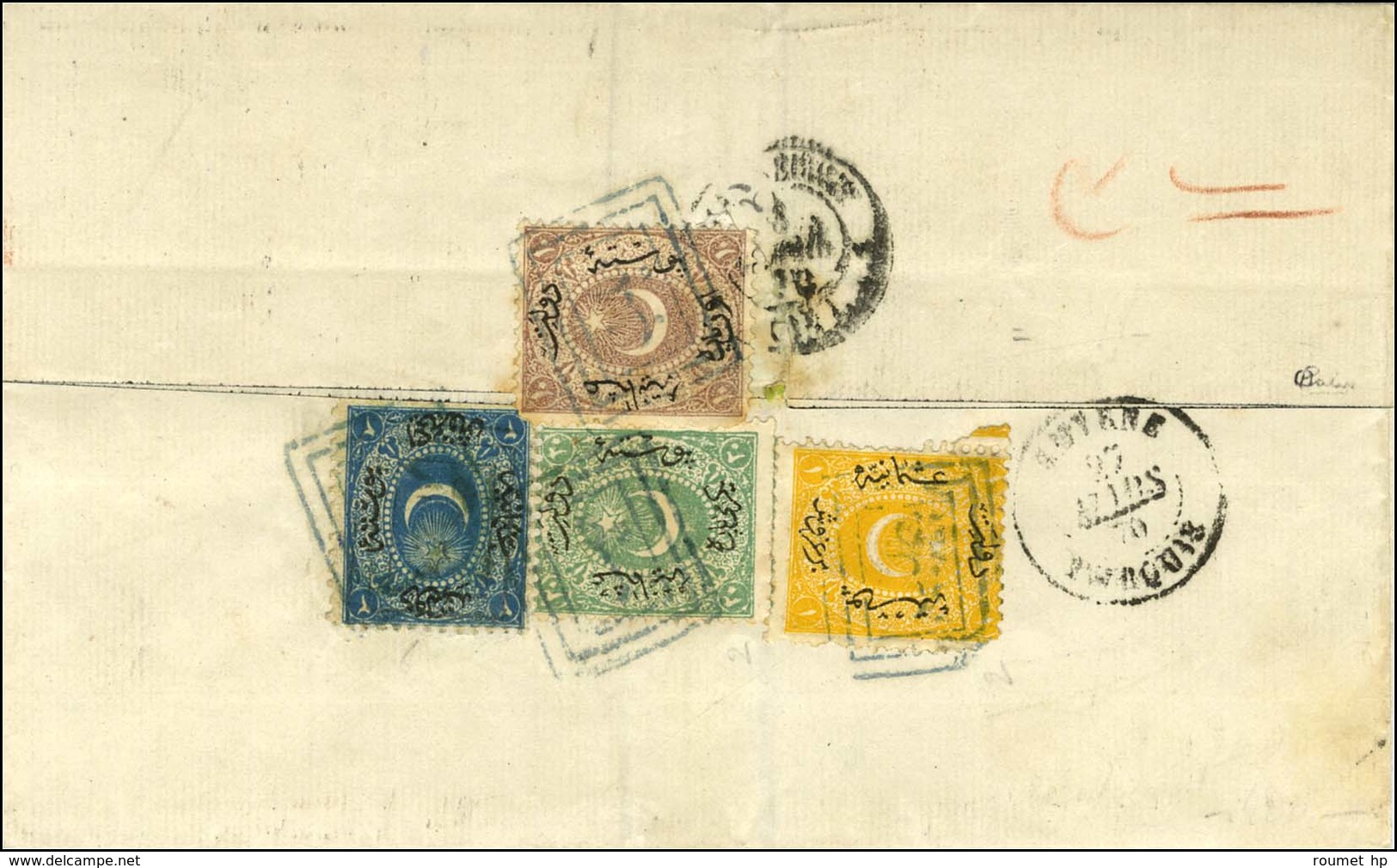 GC 5079 / N° 32 Càd T 22 ALEXANDRETTE / SYRIE Sur Lettre D'Alep Pour Marseille, Au Verso 4 Timbres Turcs Oblitérés D'Ale - 1863-1870 Napoléon III Lauré