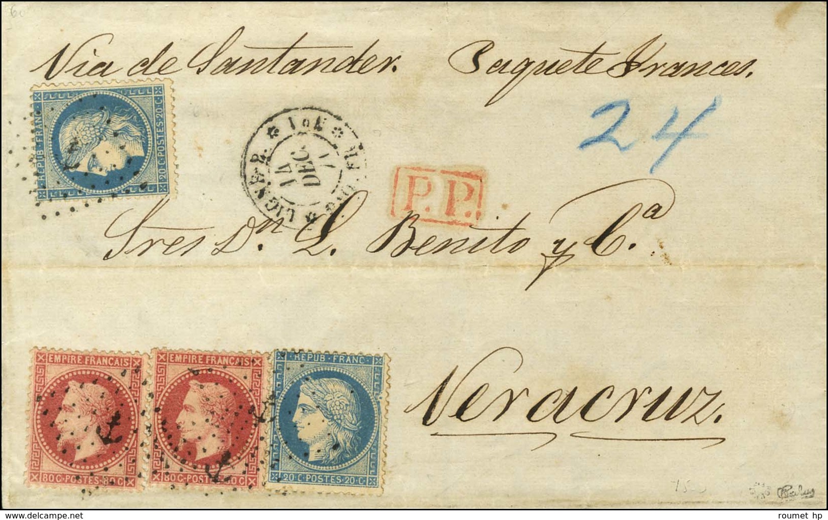 Ancre / N° 32 (2) + N° 37 (2) Càd LIGNE B / PAQ. FR. N° 1 Sur Lettre De Santander Pour Vera Cruz. 1871. - TB / SUP. - R. - 1863-1870 Napoléon III Lauré