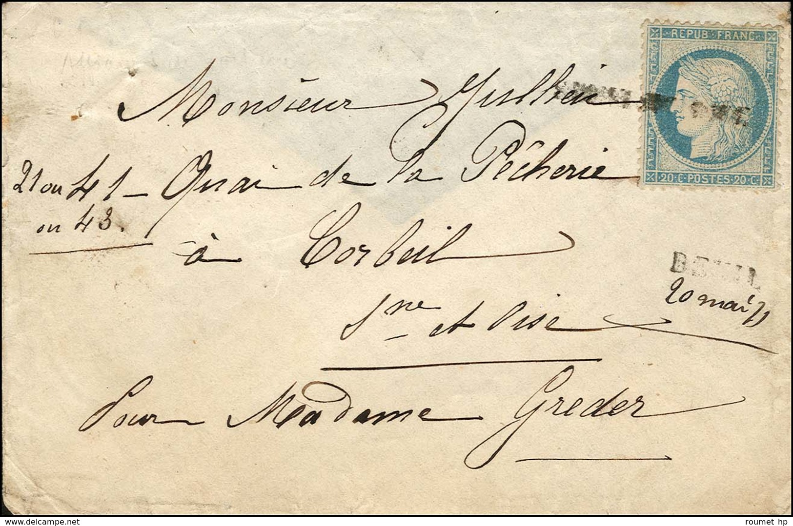 Griffe Provisoire SEINE ET OISE / N° 37 Griffe Provisoire DEUIL 20 Mai 71 (manque De Càd) Sur Lettre Pour Corbeil, Càd D - 1870 Siège De Paris