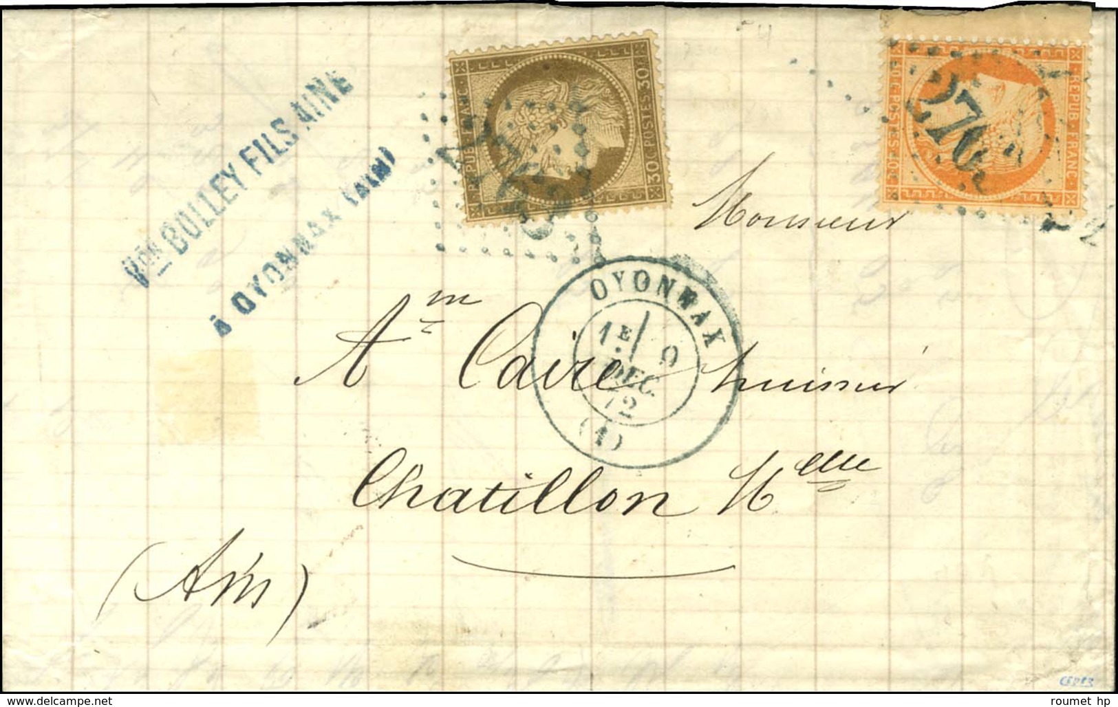 GC Bleu 2763 / N° 38 + 56 Càd T 17 Bleu OYONNAX (1) Sur Lettre 3 Ports Pour Chatillon. 1872. - TB / SUP. - R. - 1870 Siege Of Paris
