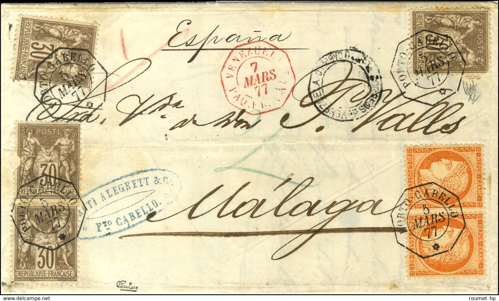 Càd Octo PORTO-CABELLO / * 5 MARS 77 / N° 38 Paire + N° 69 (4, 3 Ex. Pd) Sur Lettre De Porto Cabello Pour Malaga, Au Rec - 1870 Siège De Paris