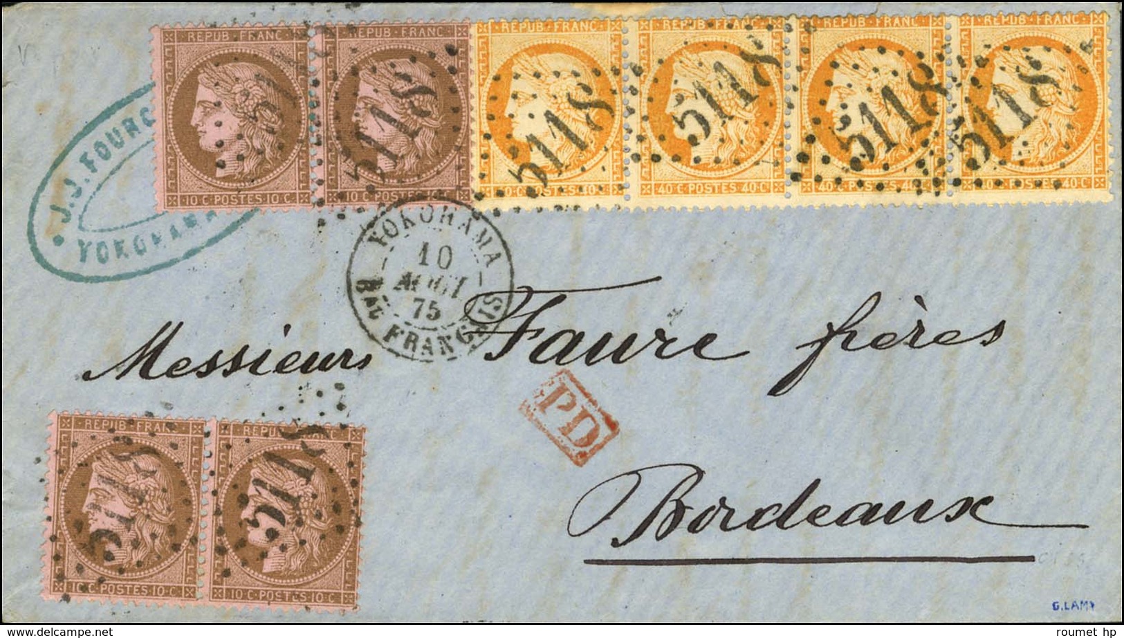 GC 5118 / N° 38 (bande De 4) + N° 58 (2 Paires) Càd YOKOHAMA / Bau FRANCAIS Sur Lettre 2 Ports Pour Bordeaux. 1875. Exce - 1870 Siège De Paris