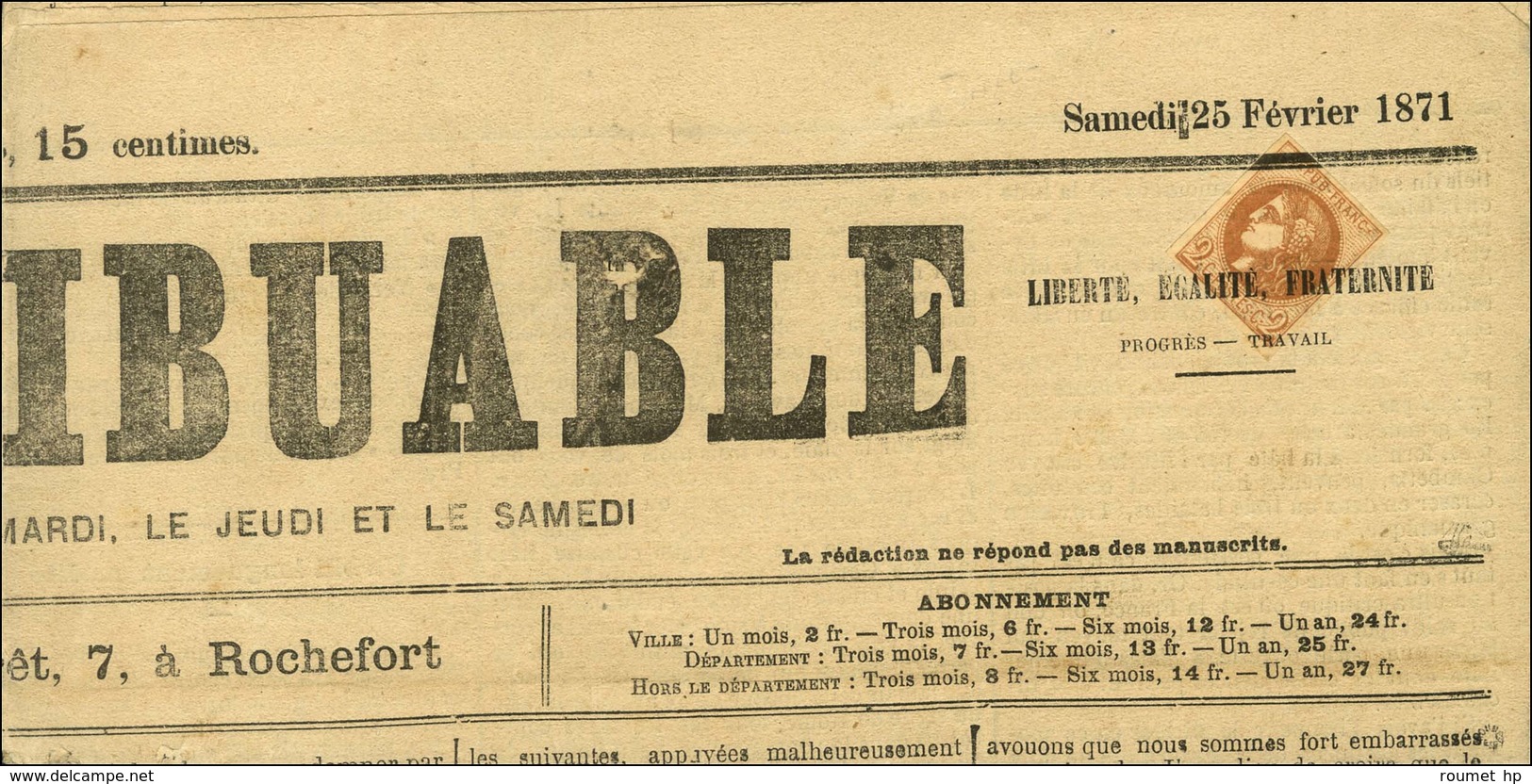 Oblitération Typo / N° 40 Sur Journal Complet ' Le Contribuable ' Daté Du 25 Février 1871. - SUP. - R. - 1870 Emission De Bordeaux