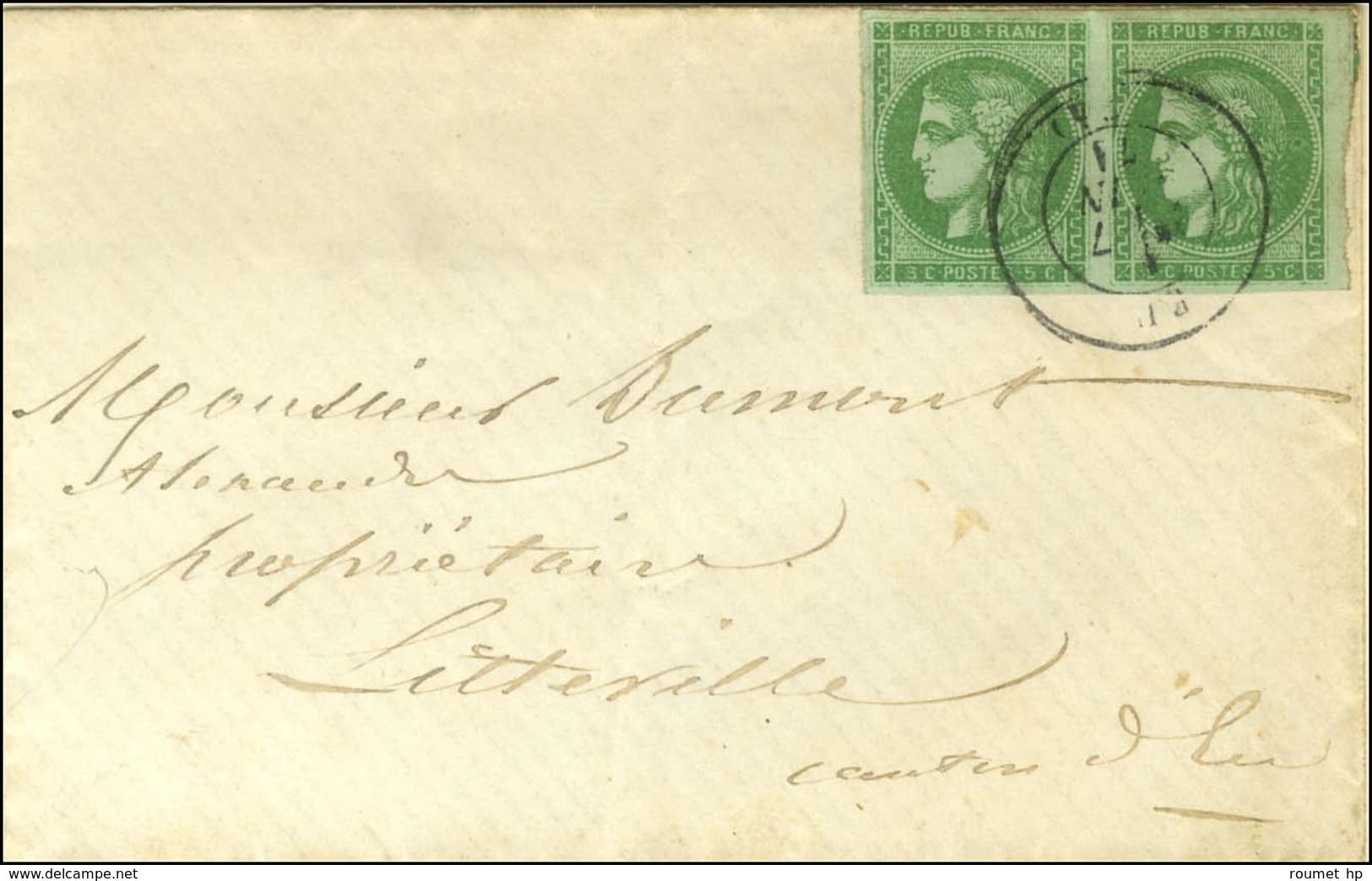 Càd EU (74) / N° 42 Paire, Belles Marges Sur Enveloppe Carte De Visite Pour Litteville. 1871. - TB / SUP. - R. - 1870 Emission De Bordeaux