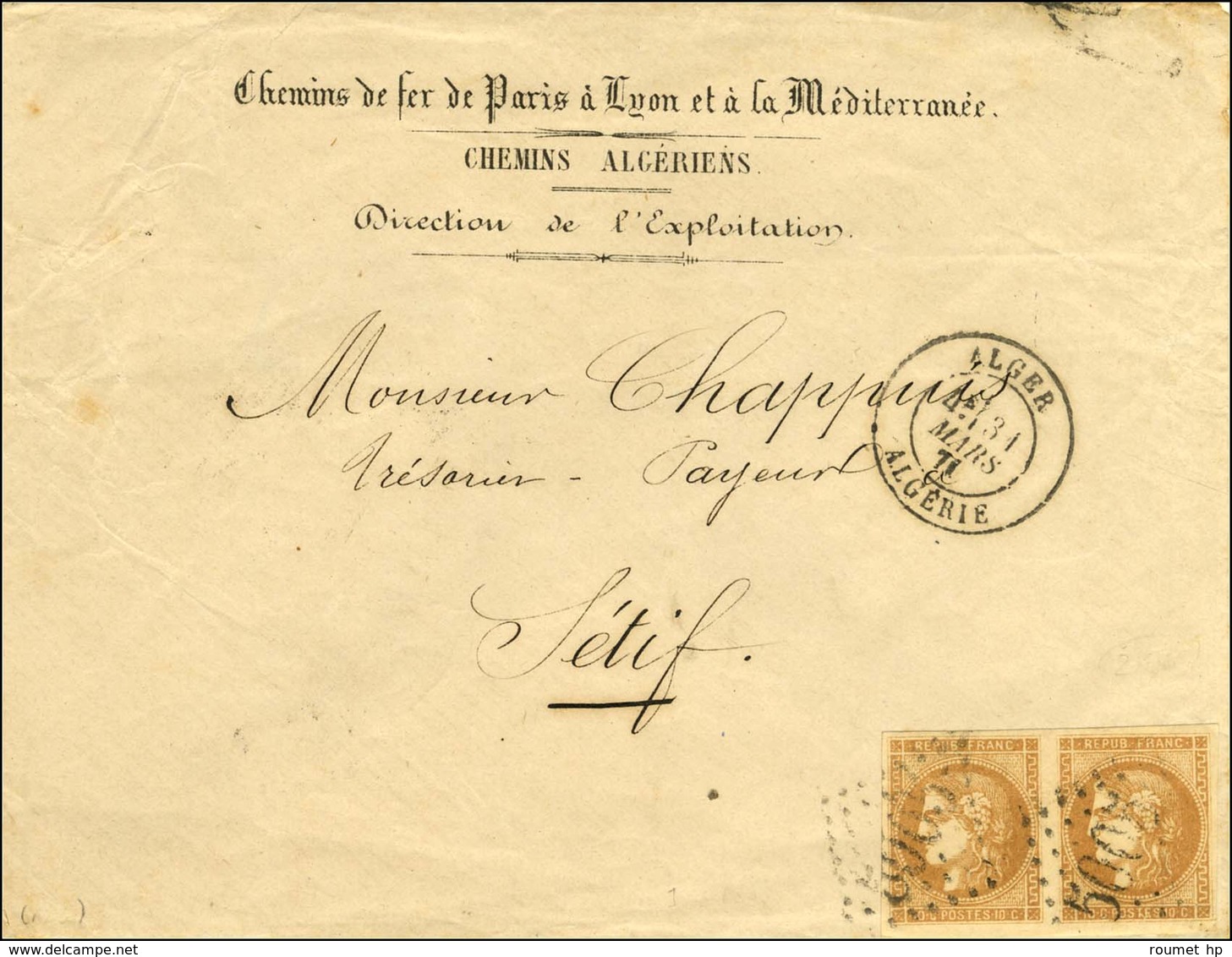 GC 5005 / N° 43 Paire, Belles Marges Càd ALGER / ALGERIE Sur Lettre Pour Sétif. - TB. - SUP. - 1870 Emission De Bordeaux