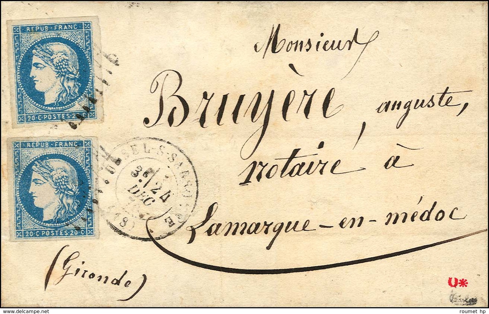 GC 4052 / N° 44 (2) Nuance Bleu Roi (superbes Marges Sur Les 2 Ex) Càd T 17 USSEL-S-SARSONNE (18) Sur Lettre. 1870. - SU - 1870 Emission De Bordeaux