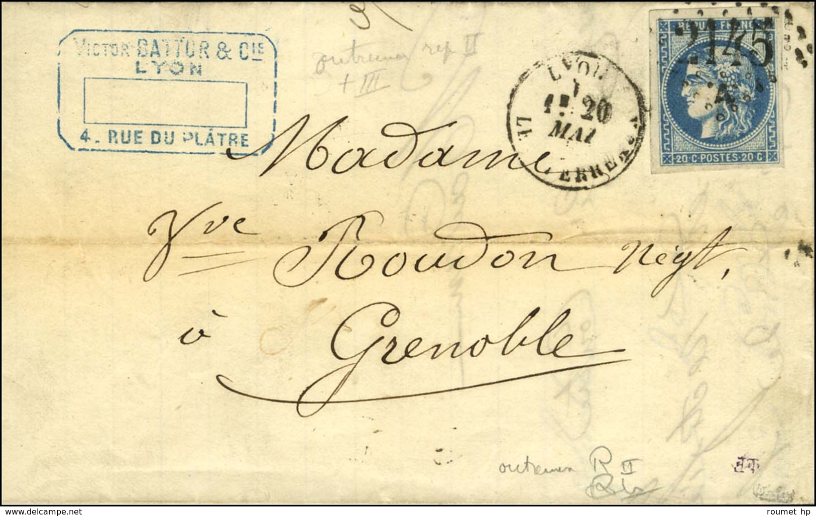 GC 2145a / N° 46 Nuance Bleu Outremer Càd LYON / LES TERREAUX. 1871. - TB. - R. - 1870 Emission De Bordeaux