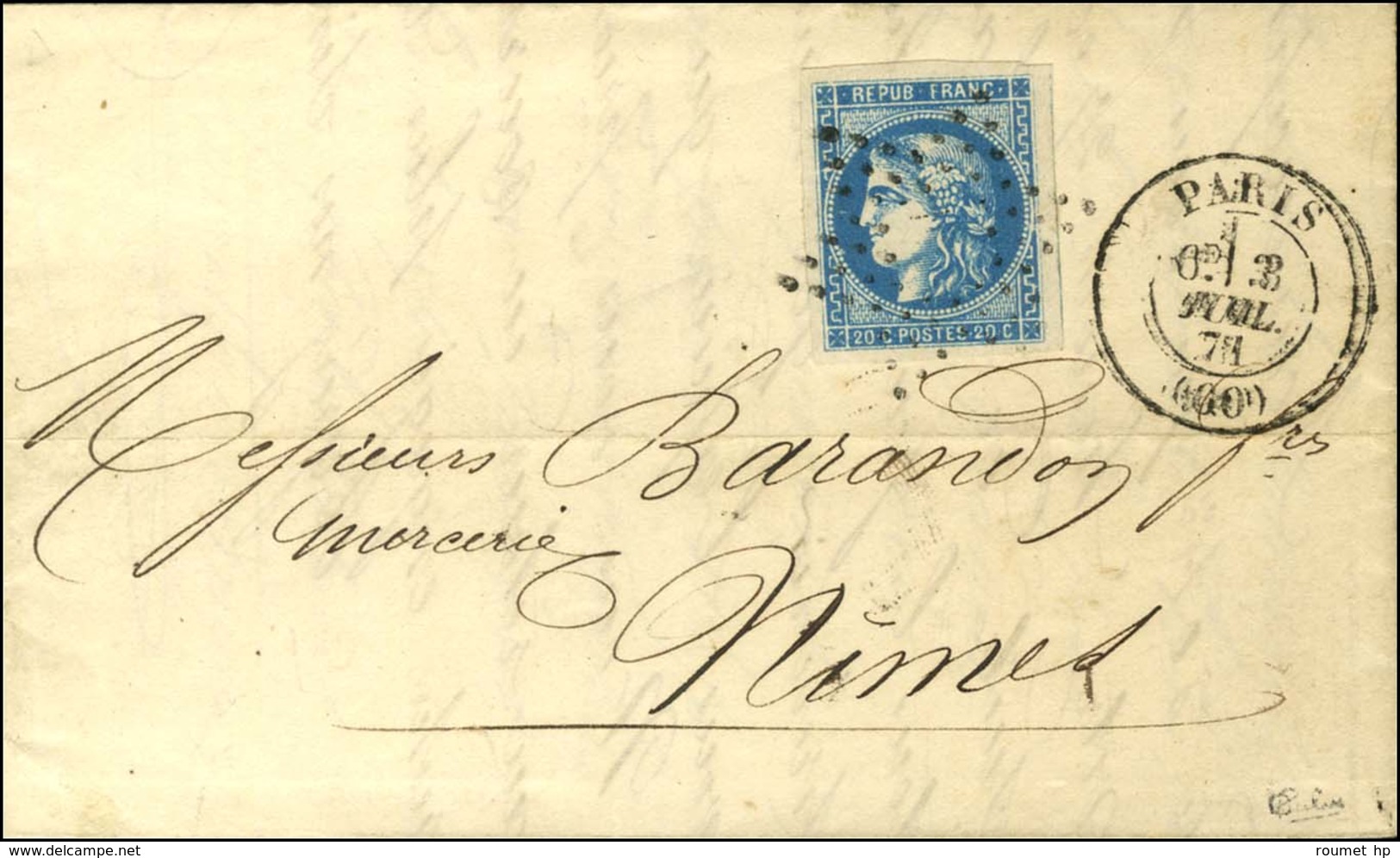 Etoile évidée / N° 46 Càd PARIS (60) 3 AVRIL 71 Sur Lettre Pour Nimes (période De La Commune), Au Verso Càd D'arivée JUI - 1870 Emissione Di Bordeaux