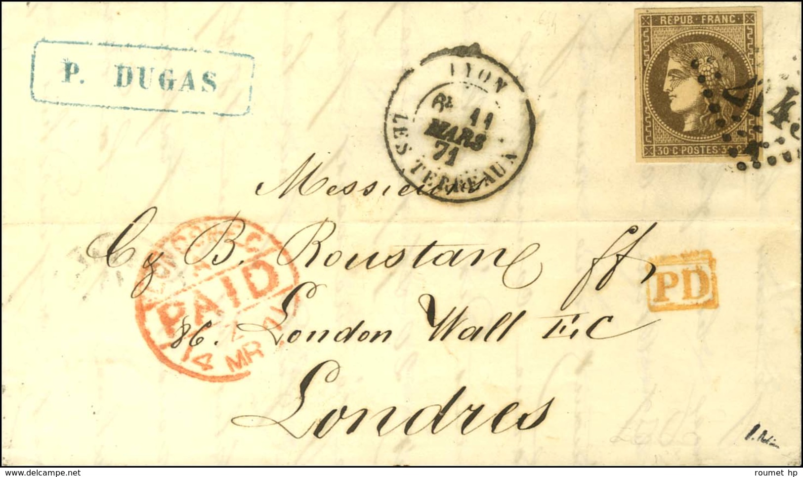 GC 2145a / N° 47 Càd LYON / LES TERREAUX Sur Lettre Pour Londres. 1871. - TB / SUP. - 1870 Emission De Bordeaux