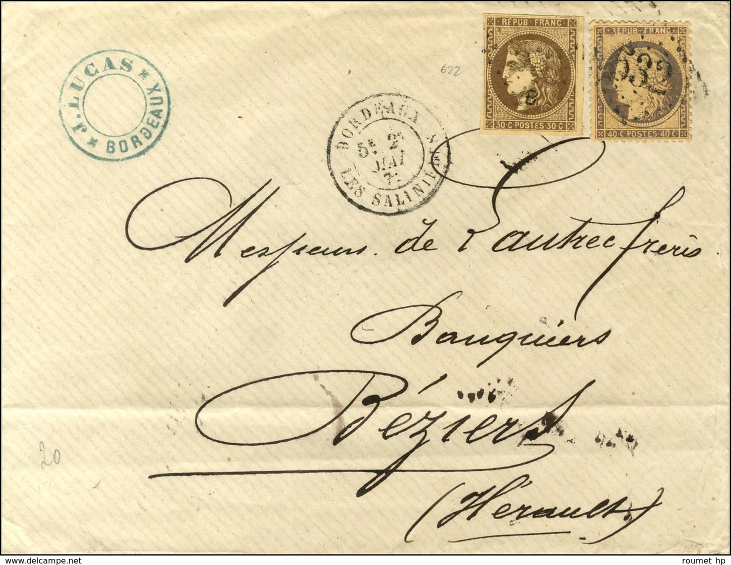 GC 532 / N° 47 + 38 Càd BORDEAUX / LES SALINIERES Sur Lettre 3 Ports Pour Béziers. 1872. - TB. - R. - 1870 Emission De Bordeaux