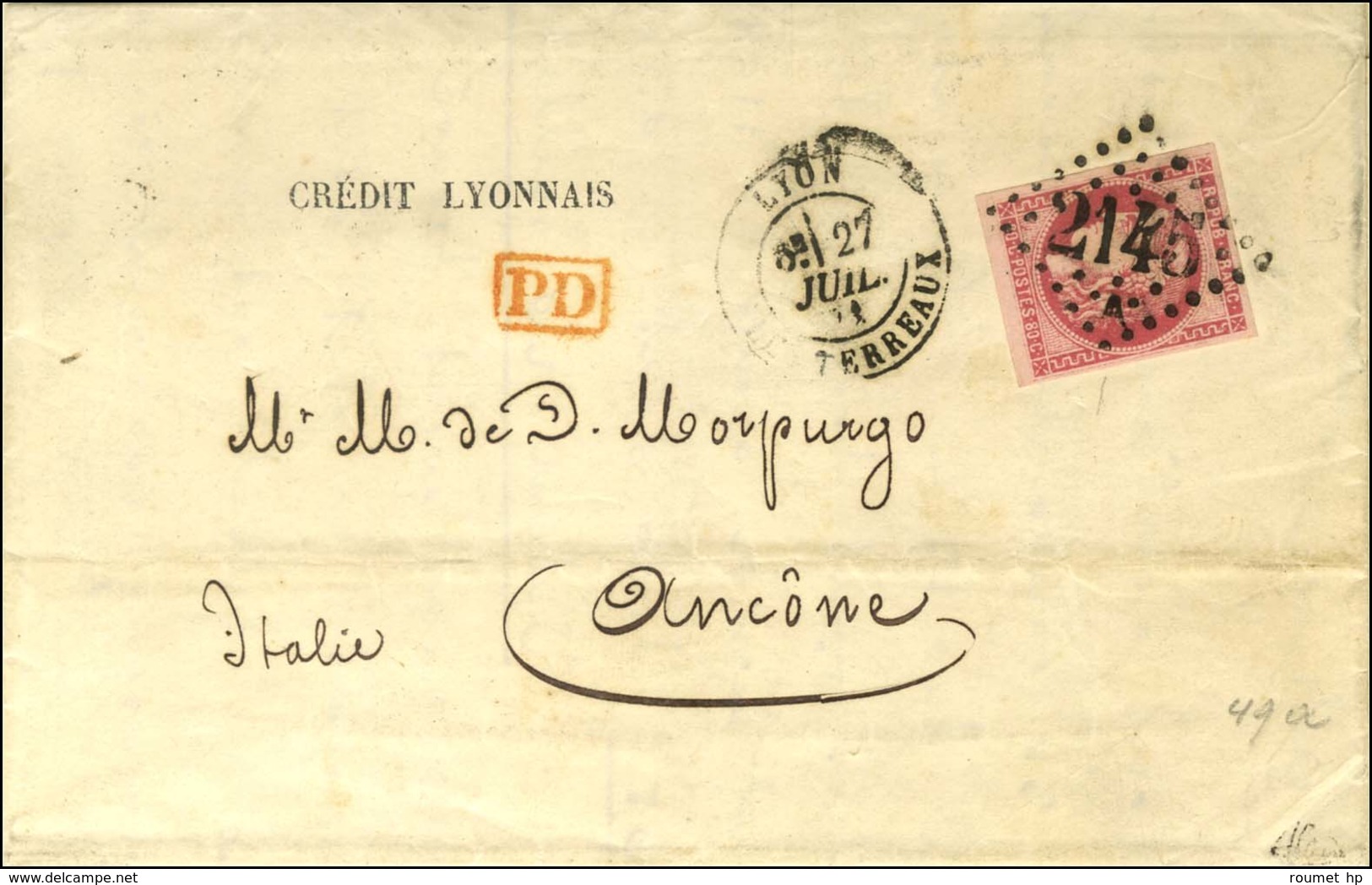GC 2145a / N° 49 Càd LYON / LES TERREAUX Sur Lettre 2 Ports Pour L'Italie. 1871. - TB. - R. - 1870 Emission De Bordeaux