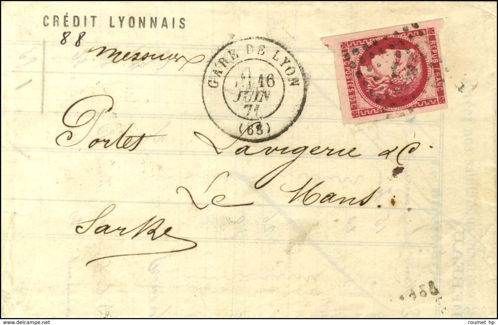 Losange Ambulant LP / N° 49 Càd T 17 GARE DE LYON (68) Sur Lettre 3 Ports Pour Le Mans. 1871. - TB. - R. - 1870 Emission De Bordeaux