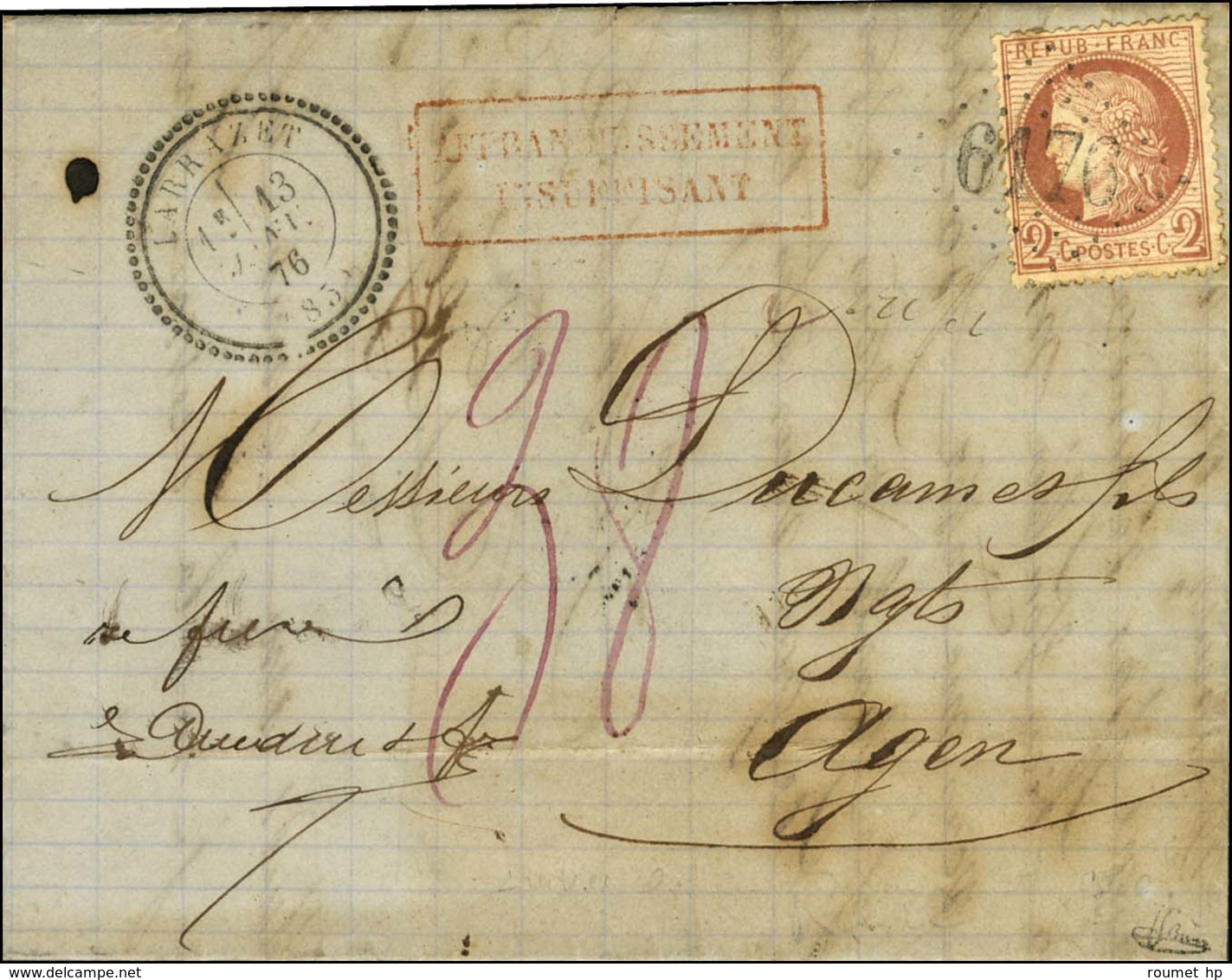 GC 6176 / N° 51 Càd T 24 LARRAZET (85) Sur Lettre Territoriale Insuffisamment Affranchie Pour Agen Taxée 38c. 1876. - TB - 1871-1875 Cérès