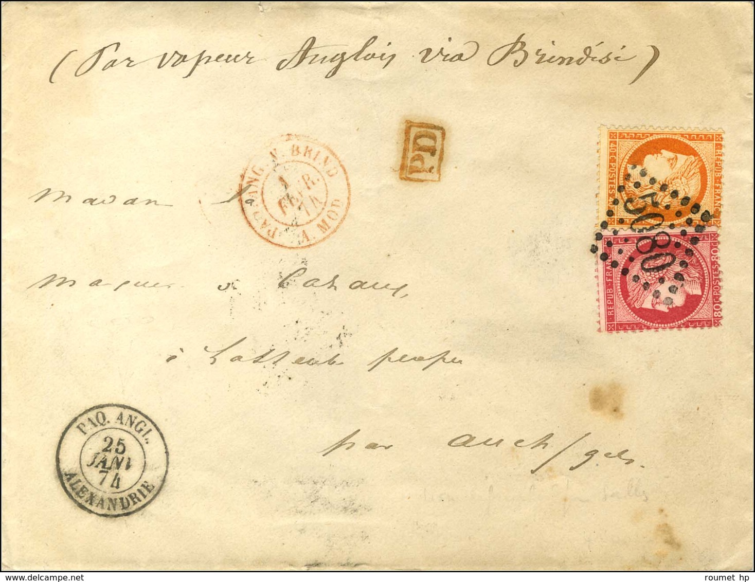 GC 5080 / N° 38 + 57 Càd PAQ.ANGL. / ALEXANDRIE 25 JANV. 74 Sur Lettre Pour Auch. - SUP. - 1871-1875 Cérès