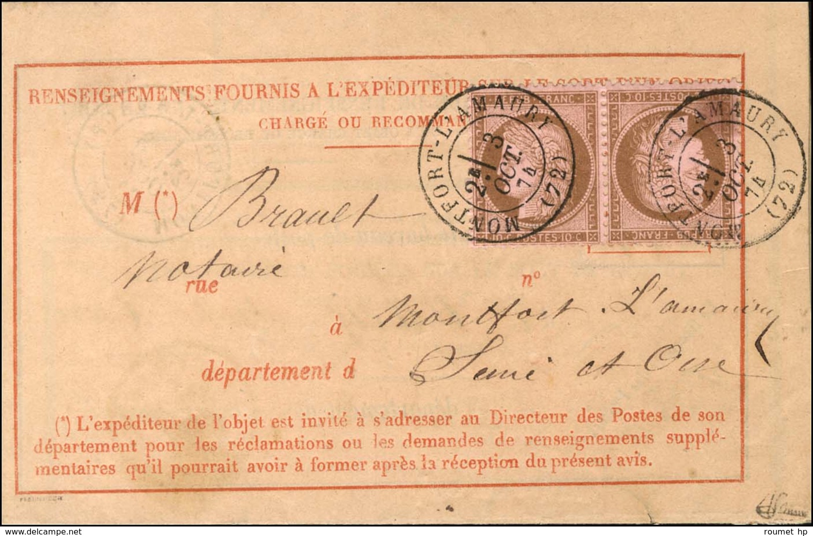 Càd T 17 MONTFORT-L'AMAURY (72) / N° 58 Paire Tête-bêche Sur Avis De Réception. 1874. - SUP. - R. - 1871-1875 Cérès