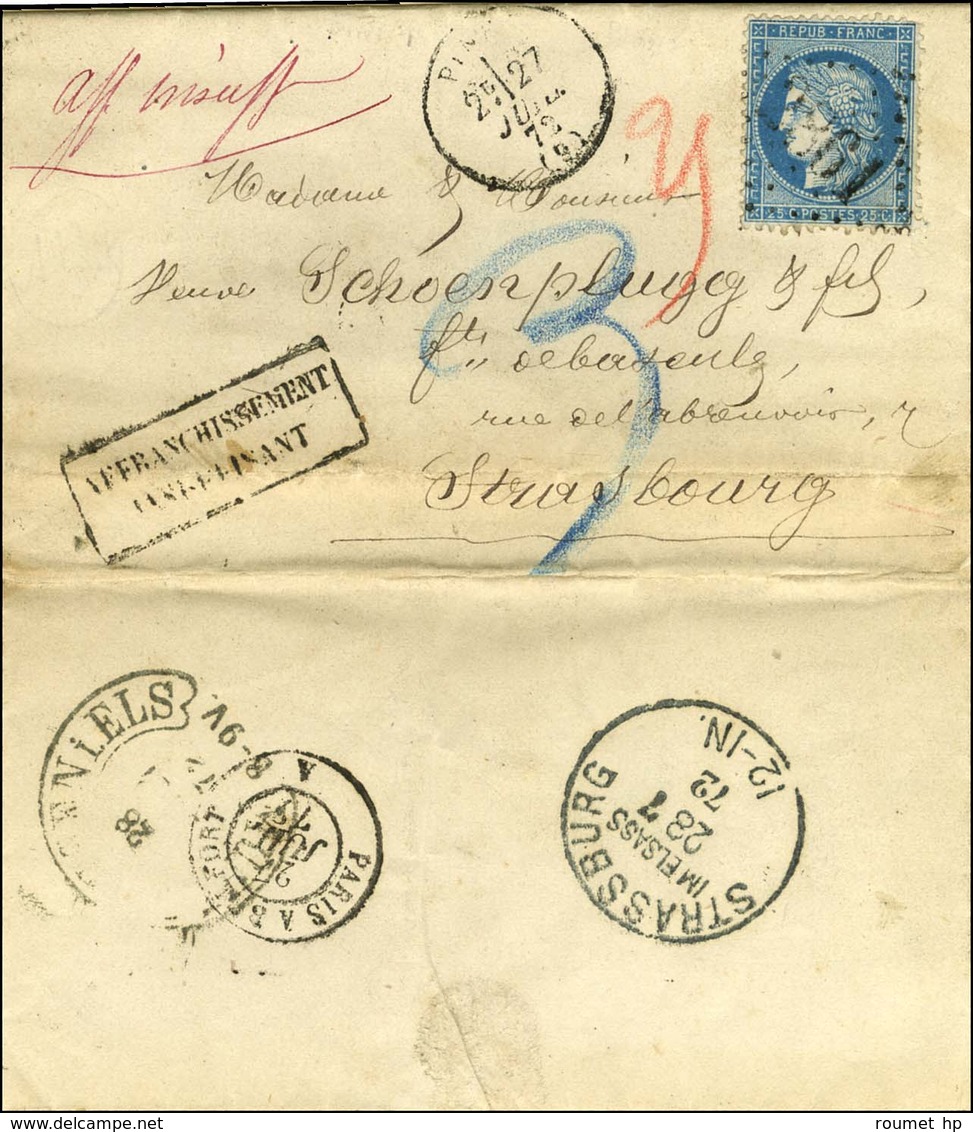 GC 2861 / N° 60 Càd T 16 PINEY (9) Sur Lettre Insuffisamment Affranchie Pour Strasbourg, Taxe 3 Au Crayon Bleu. 1872. -  - 1871-1875 Cérès