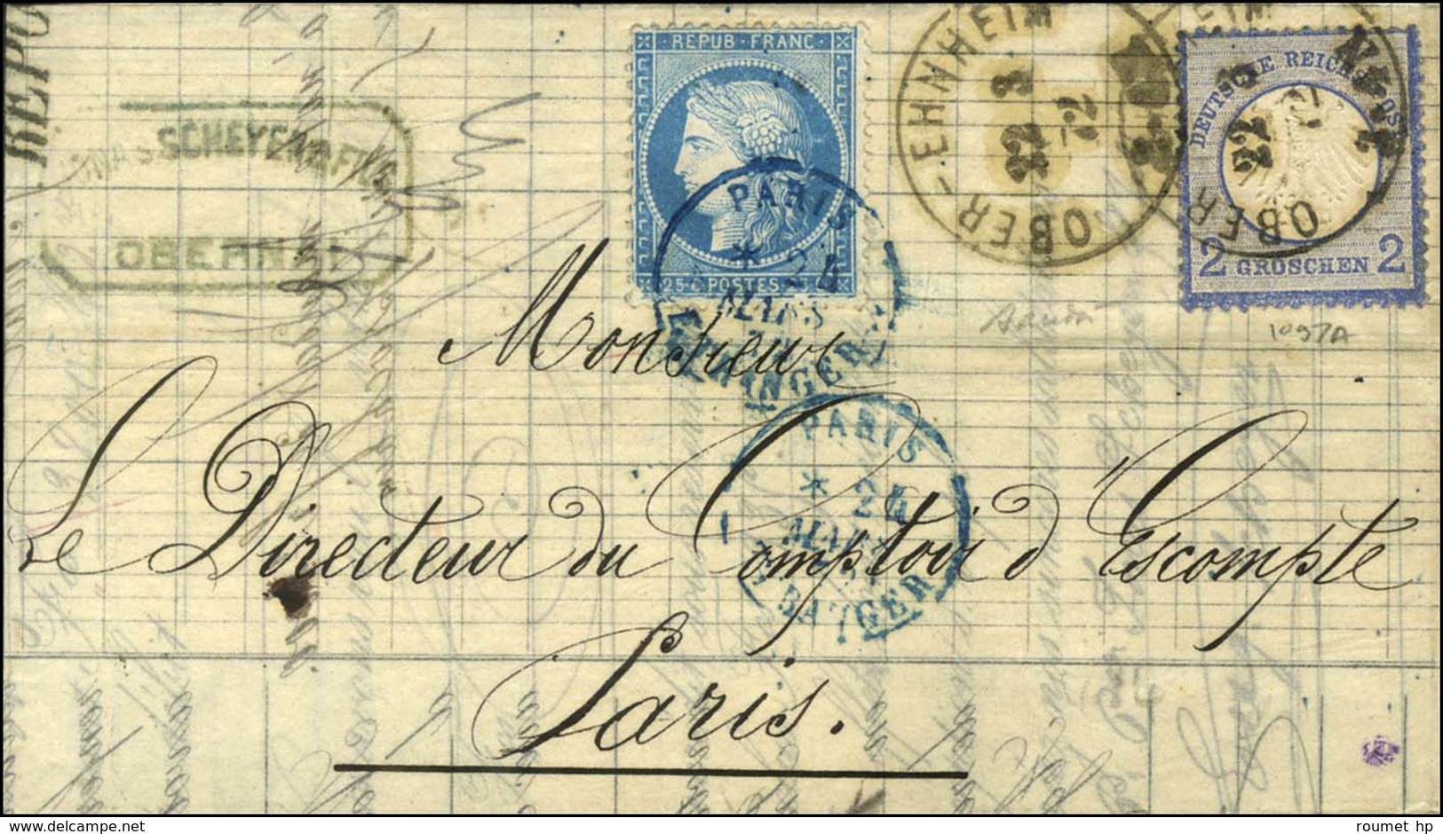 Càd OBER-EHNHEIM / TP All. 2 Groschen + N° 60 Obl Càd Bleu PARIS / ETRANGER Sur Lettre En Affranchissement Mixte Pour Pa - 1871-1875 Cérès