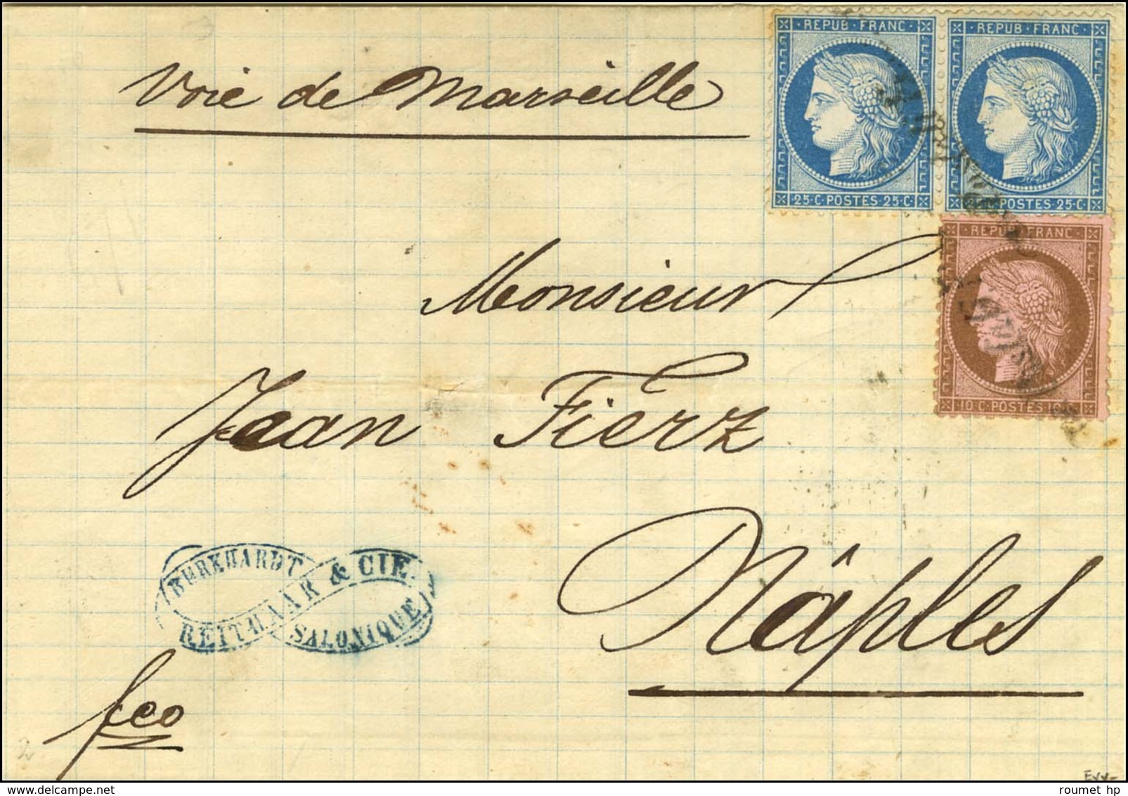Grille COI POSTALI FRANCESI / N° 58 + 60 (2) Sur Lettre De Salonique Pour Naples. 1874. - TB. - R. - 1871-1875 Ceres