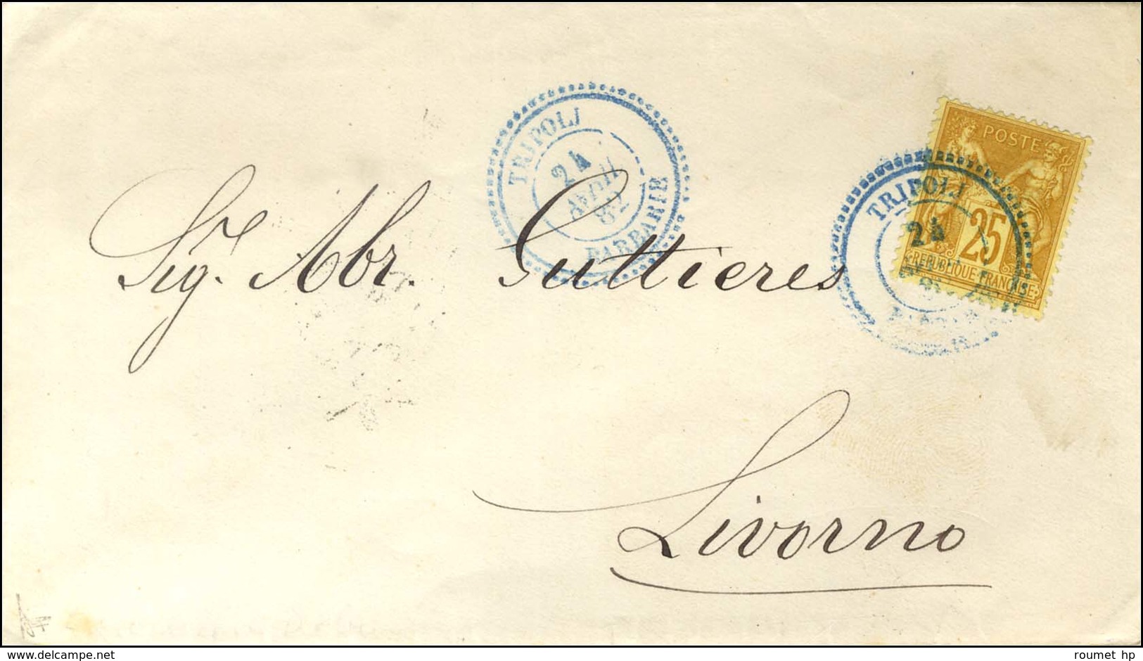 Càd T 22 Bleu TRIPOLI / BARBARIE / N° 92 Sur Lettre Pour Livourne. 1882. - TB / SUP. - 1876-1878 Sage (Type I)