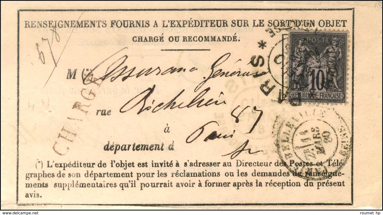 Cachet D'essai PARIS / PLACE DE LA BOURSE (type I) / N° 89 Sur Avis De Réception. 1880. - TB / SUP. - 1876-1878 Sage (Type I)