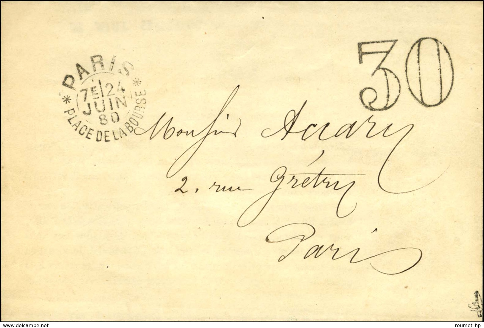 Cachet D'essai PARIS / PLACE DE LA BOURSE (type II) + Taxe 30 DT. 1880. - SUP. - 1876-1878 Sage (Type I)