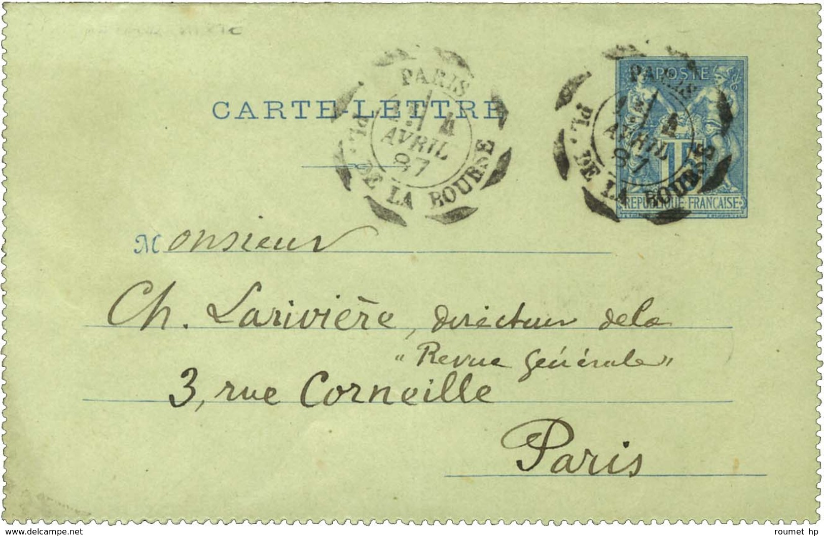 Cachet D'essai PARIS / PL. DE LA BOURSE 14 AVRIL 87 (type VI Dateur Mixte) / Entier 15c. - SUP. - 1876-1878 Sage (Type I)