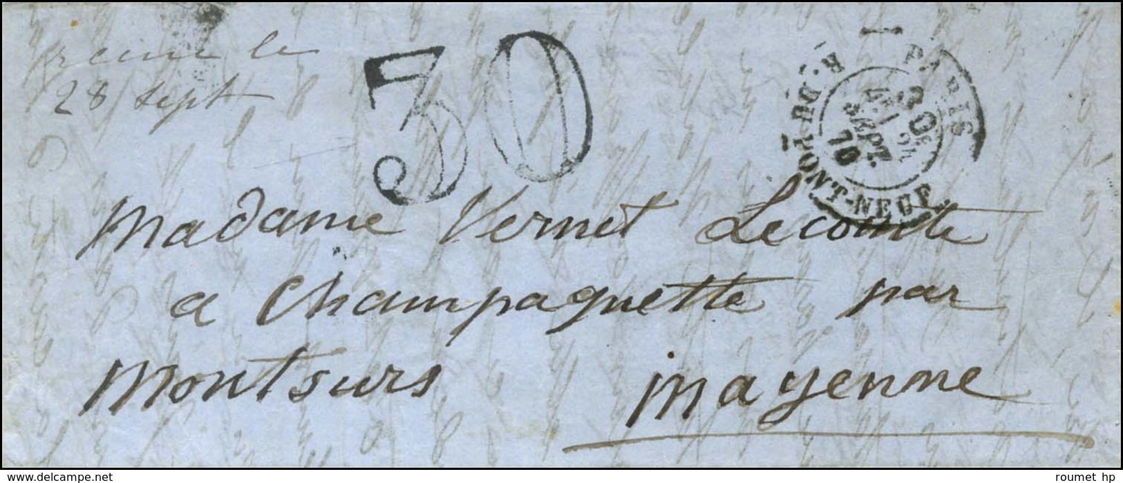 Càd Taxe 30c. PARIS / R. DU PONT-NEUF 24 SEPT. 70 Sur Lettre Pour Montsurs, Au Recto Taxe 30 DT, Au Verso Càd De Passage - War 1870