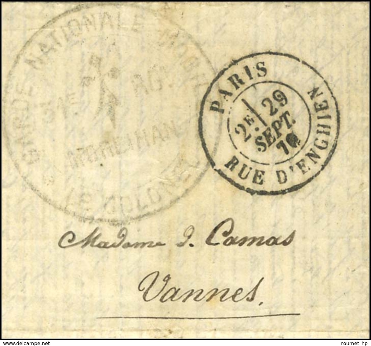 Càd PARIS / RUE D'ENGHIEN 29 SEPT. 70 Sur Lettre En Franchise Militaire Pour Vannes, Au Recto Beau Cachet Fleur De Lys G - Oorlog 1870