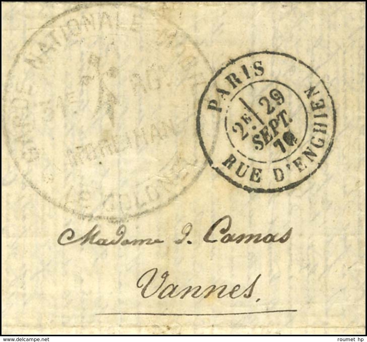 Càd PARIS / RUE D'ENGHIEN 29 SEPT. 70 Sur Lettre En Franchise Militaire Pour Vannes, Au Recto Beau Cachet Fleur De Lys G - Guerre De 1870