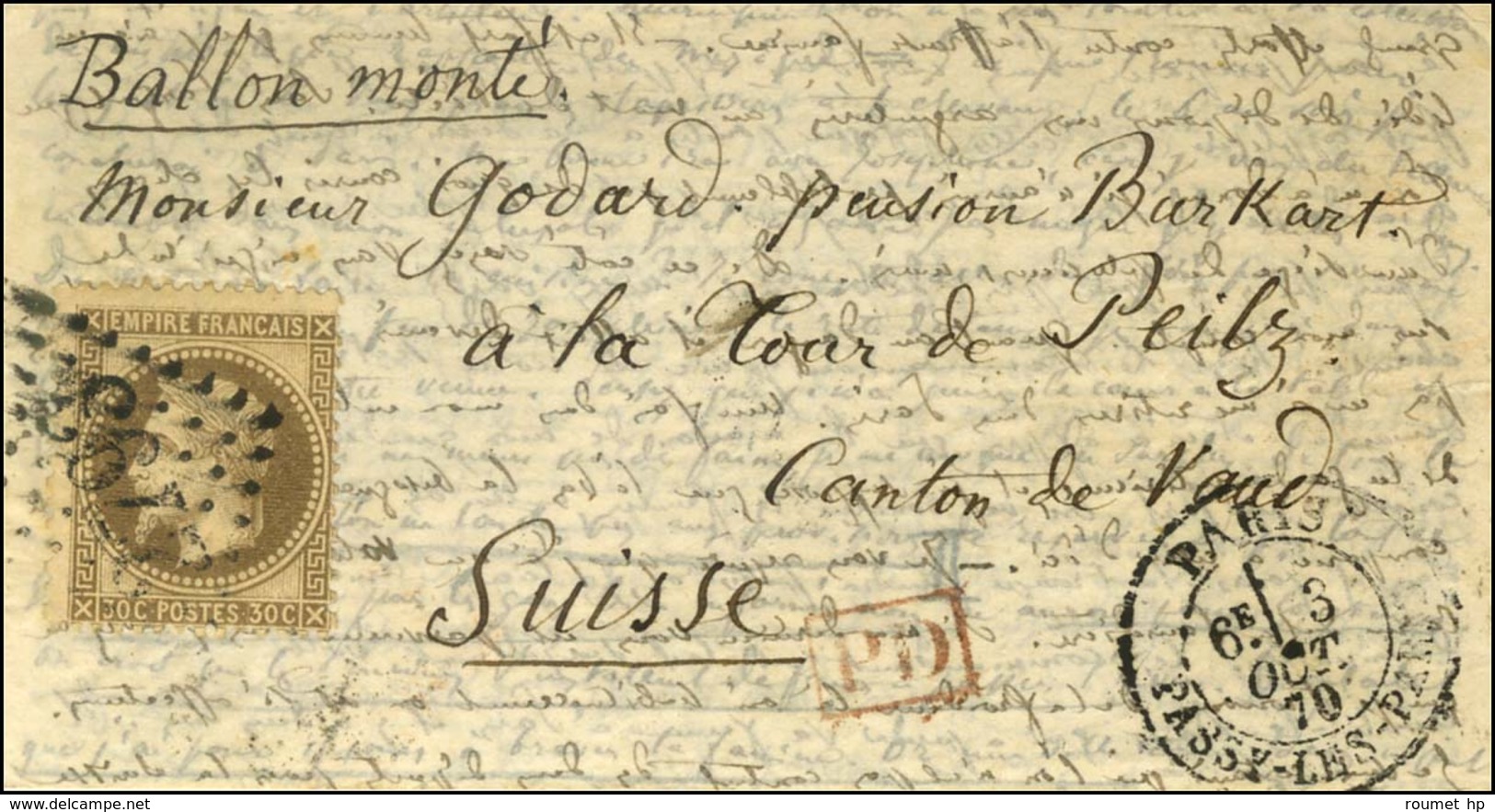 GC 3793 / N° 30 Càd PARIS / PASSY-LES-PARIS 3 OCT. 70 Sur Lettre Pour La Tour De Peilz (canton De Vaud), Au Verso Càd D' - War 1870