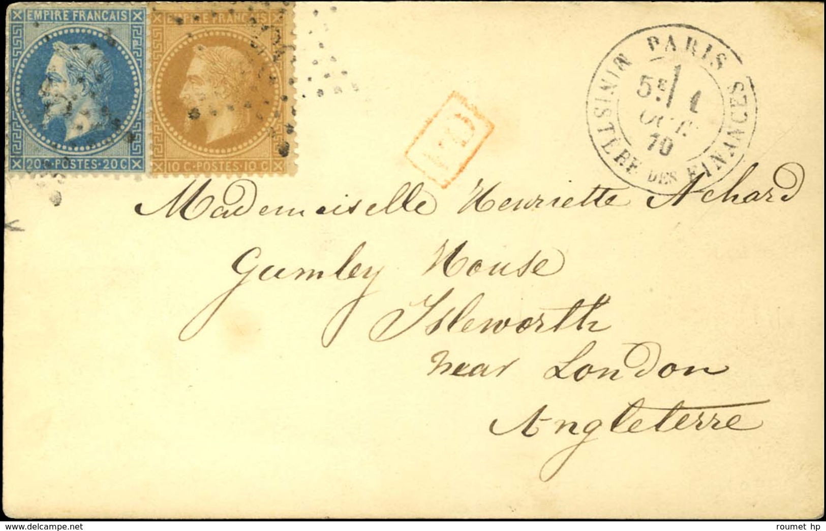 Etoile 35 / N° 28 + 29 Càd PARIS / MINISTERE DES FINANCES 1 OCT. 70 Sur Carte Pour Isleworth (Angleterre), Au Verso Càd  - War 1870