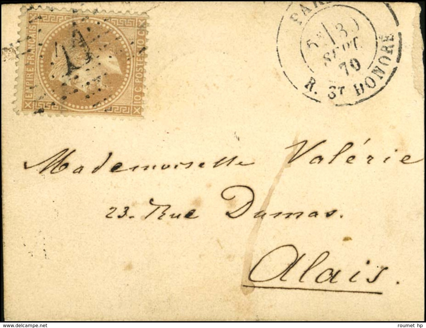 Etoile 11 / N° 28 Càd PARIS R St HONORE 30 SEPT. 70 Sur Carte Pour Alais, Au Verso Càd D'arrivée 23 OCT. 70. LE NON DENO - Guerre De 1870