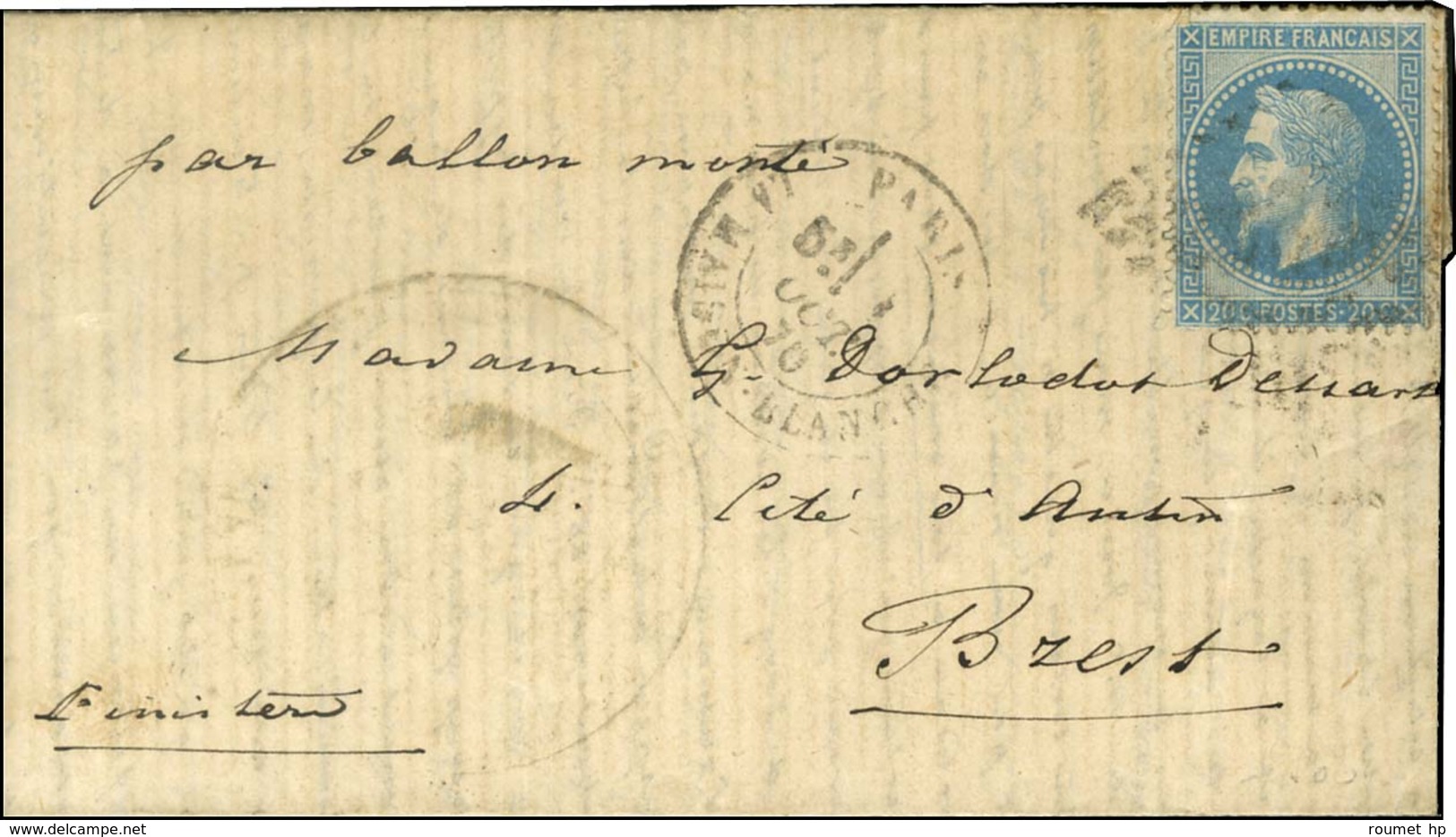 GC 2170 / N° 29 Càd PARIS / LA MAISON-BLANCHE 1 OCT. 70 Sur Lettre Pour Brest, Au Verso Càd D'arrivée 15 OCT. 70. LE WAS - Guerre De 1870