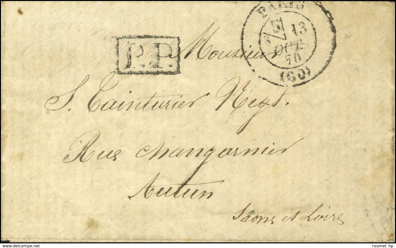 Càd PARIS (60) 13 OCT. 70 + P.P. Sur Lettre Avec Texte D'un Militaire Pour Autun, Au Verso Rare Griffe ARMÉE Du RHIN / C - Guerre De 1870