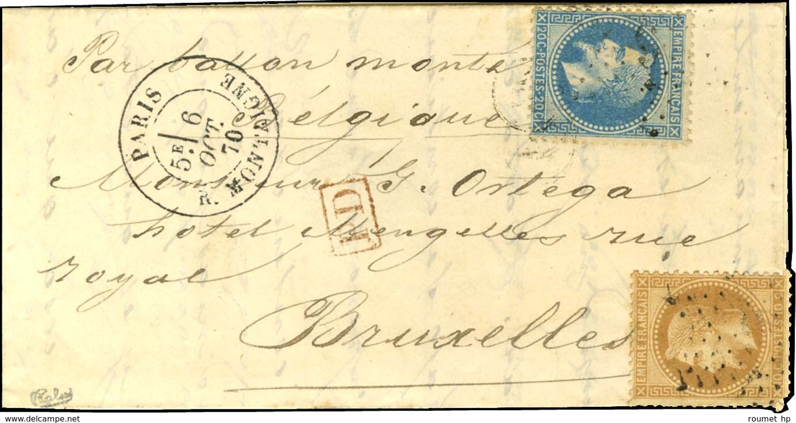 Etoile 9 / N° 28 + 29 Càd PARIS / R. MONTAIGNE 6 OCT. 70 Sur Lettre Pour Bruxelles, Au Verso Càd D'arrivée 19 OCT. 70. L - Guerre De 1870