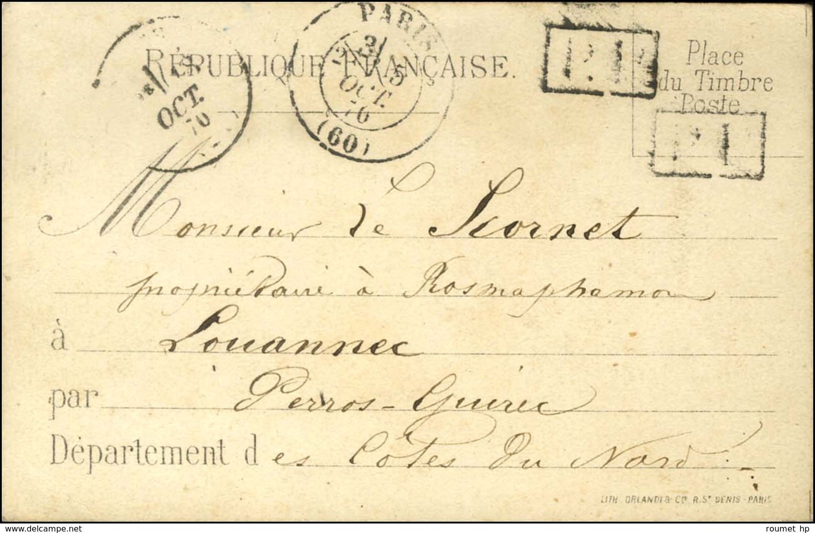 Càd PARIS (60) 5 OCT. 70 + P.P. (2 Frappes) Sur Carte RÉPUBLIQUE FRANCAISE Avec Texte Daté De Rosny Sous Bois Le 5 Octob - Guerre De 1870