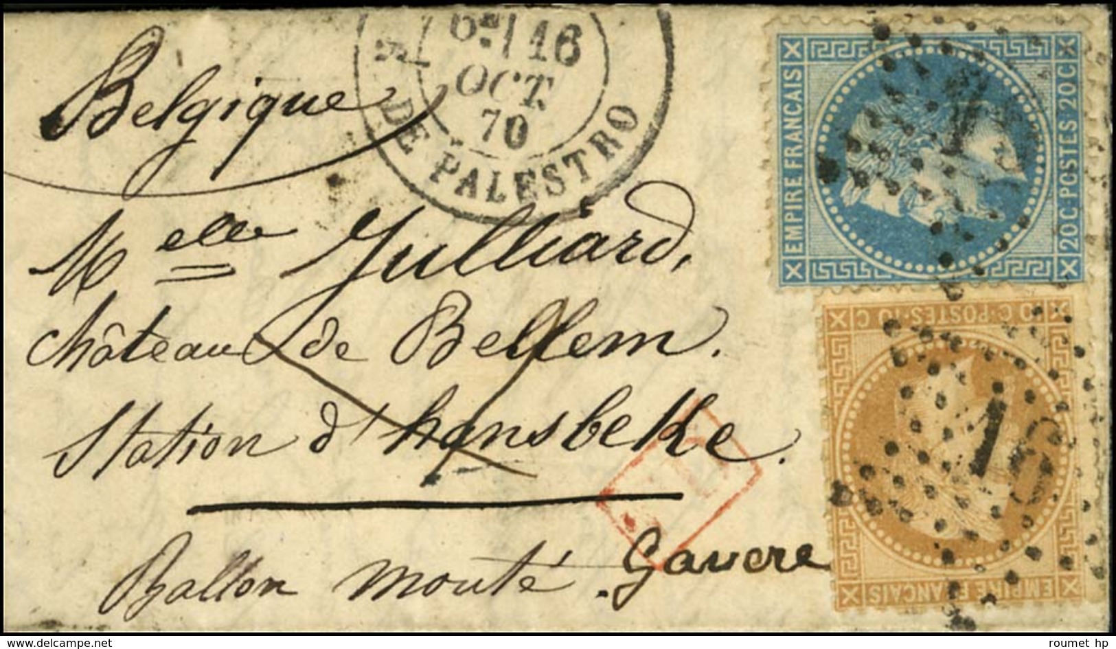 Etoile 16 / N° 28 + 29 Càd PARIS / R. DE PALESTRO 16 OCT. 70 Sur Lettre Pour Hansbeke, Au Verso Càd D'arrivée 21 OCT. 70 - Guerre De 1870