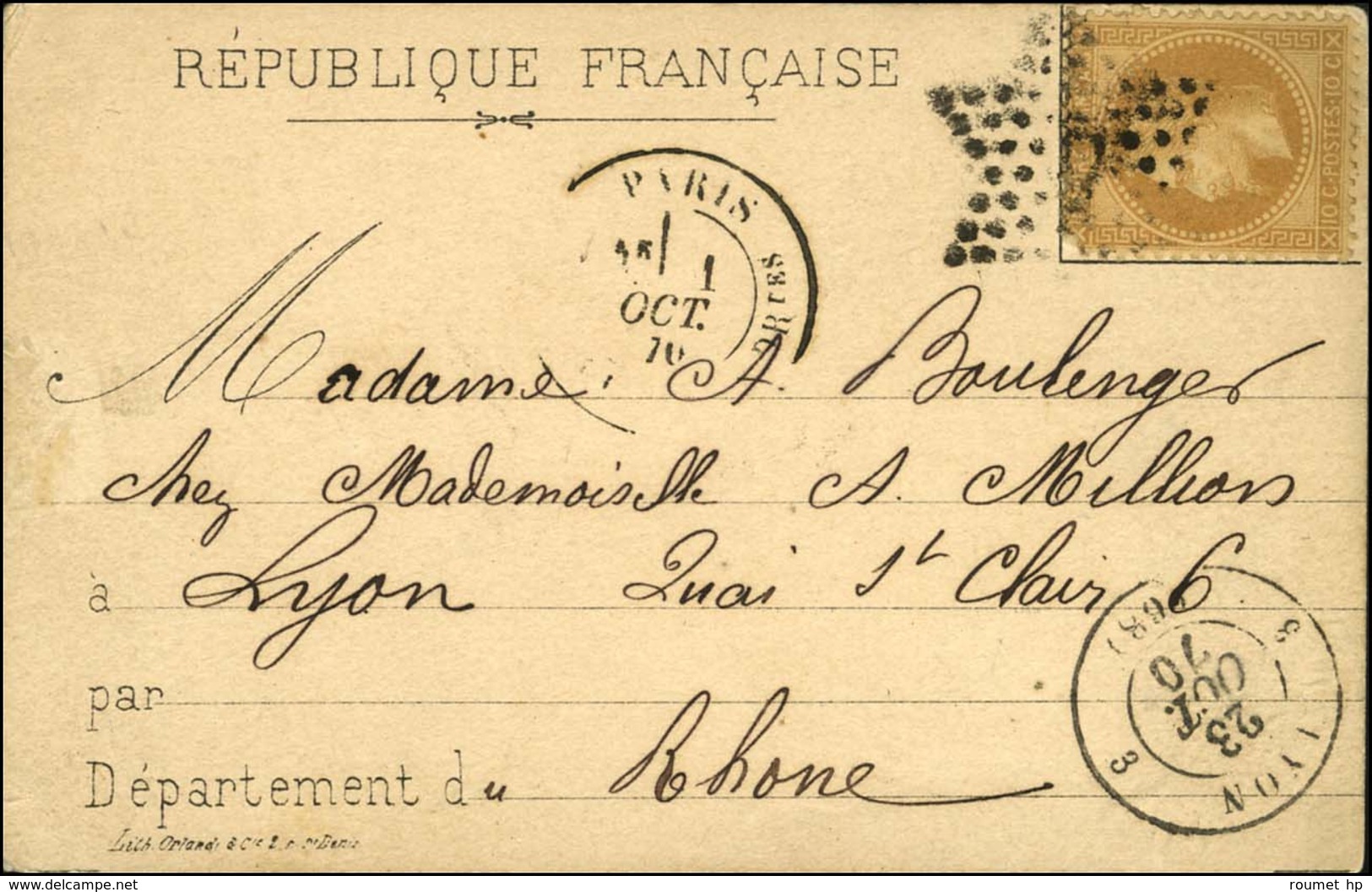 Etoile 7 / N° 28 Càd PARIS / R. DES Vlles HAUDRtes 1 OCT. 70 Sur Carte RÉPUBLIQUE FRANCAISE (verso CORRESPONDANCE AÉRIEN - Guerre De 1870