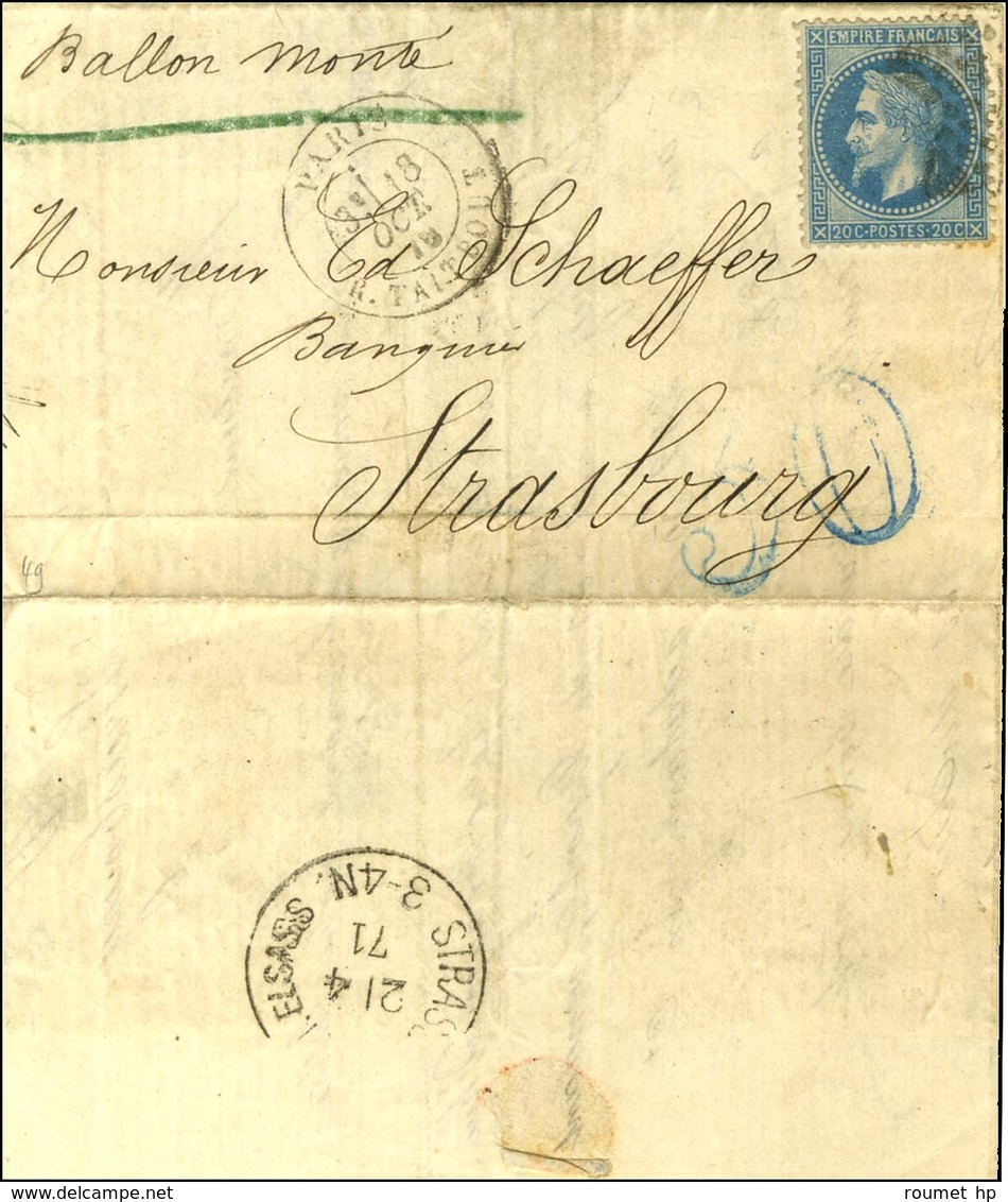 Etoile 22 / N° 29 Càd PARIS / R. TAITBOUT 18 OCT. 70 Sur Lettre Pour Strasbourg, Au Recto Taxe 30 DT Bleue Et Au Verso R - Guerre De 1870